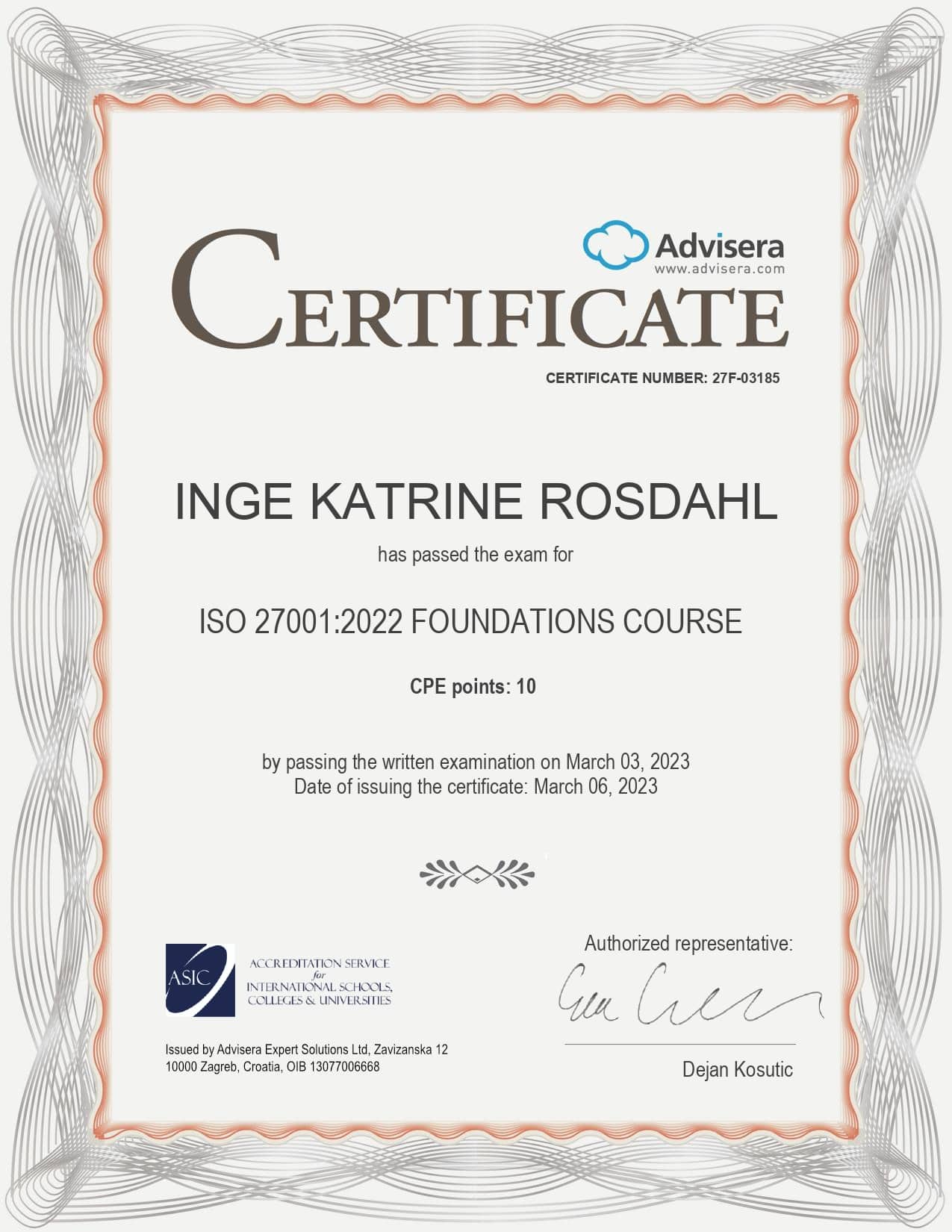 27F-03185 Certificate ISO 27001 Foundations Course INGE KATRINE ROSDAHL