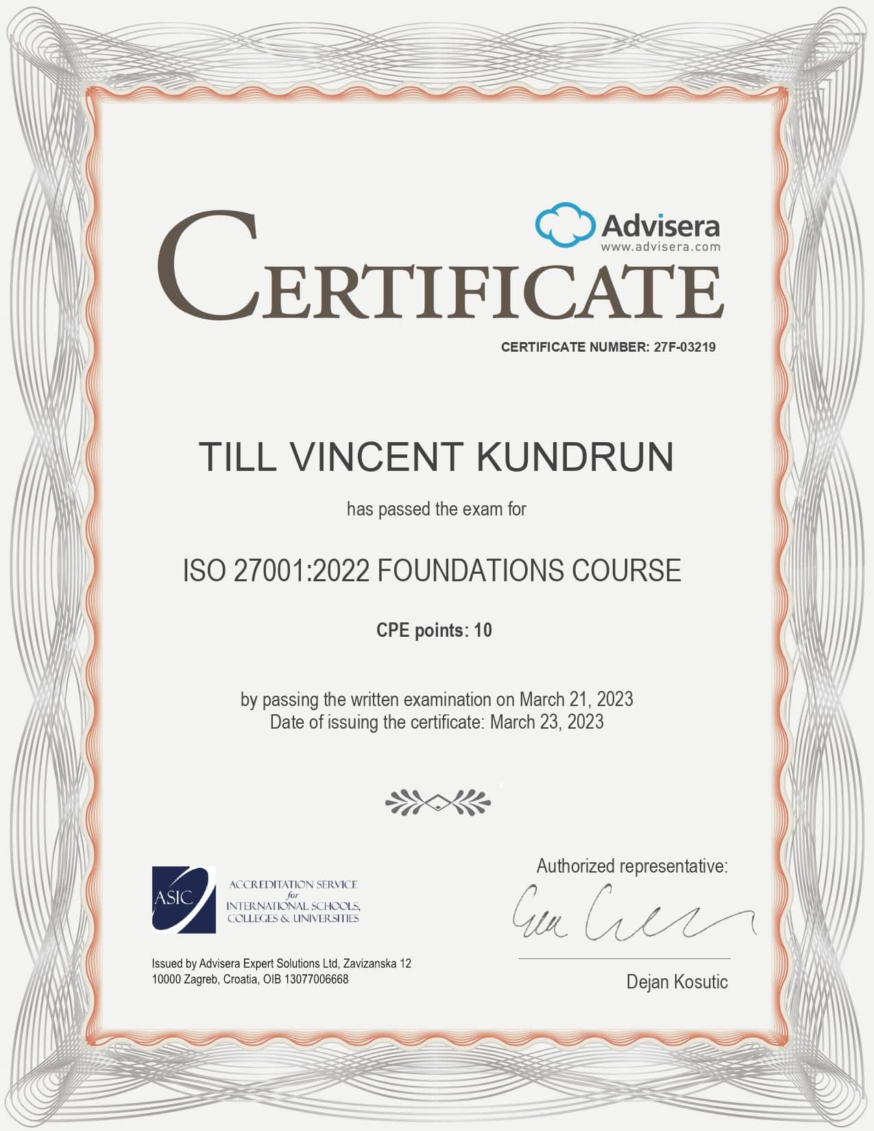 27F-03219 Certificate ISO 27001 Foundations Course TILL VINCENT KUNDRUN