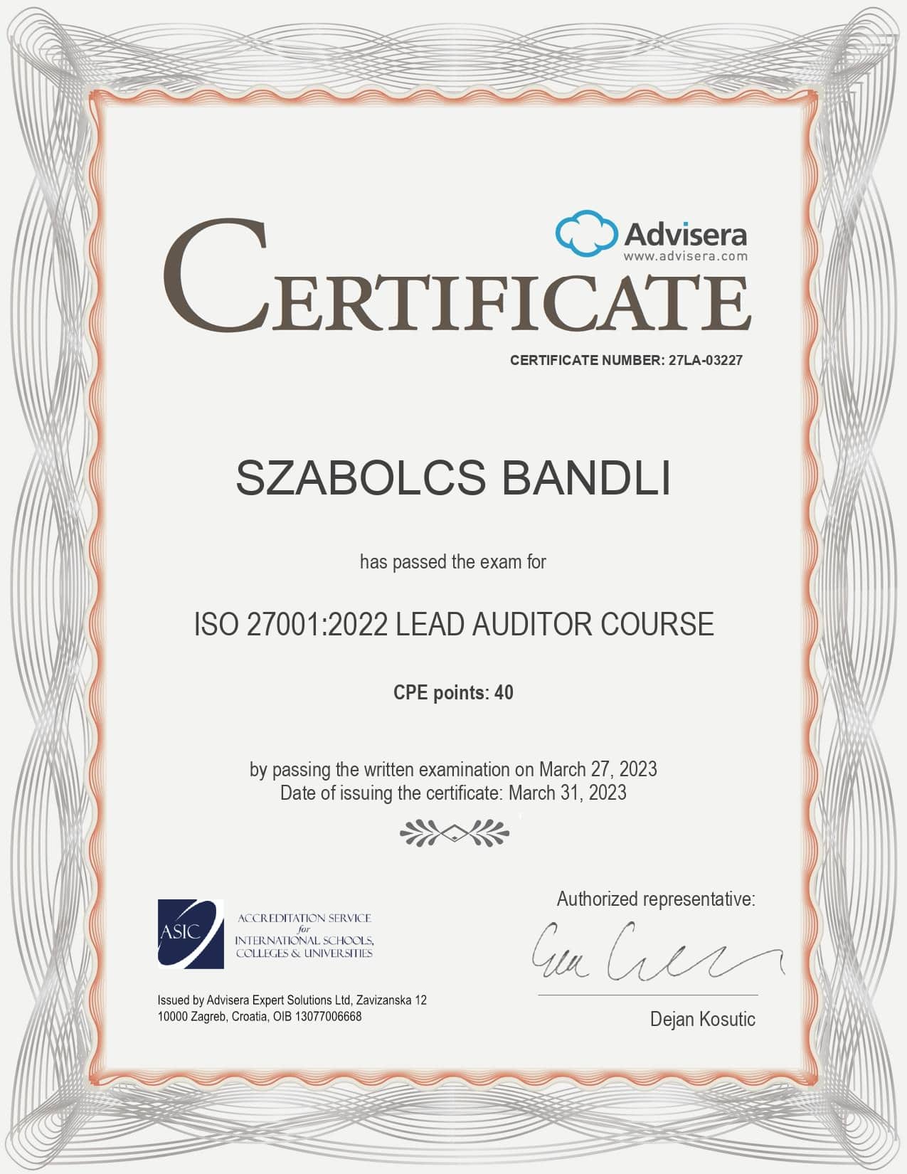 27LA-03227 Certificate ISO 27001 Lead Auditor SZABOLCS BANDLI