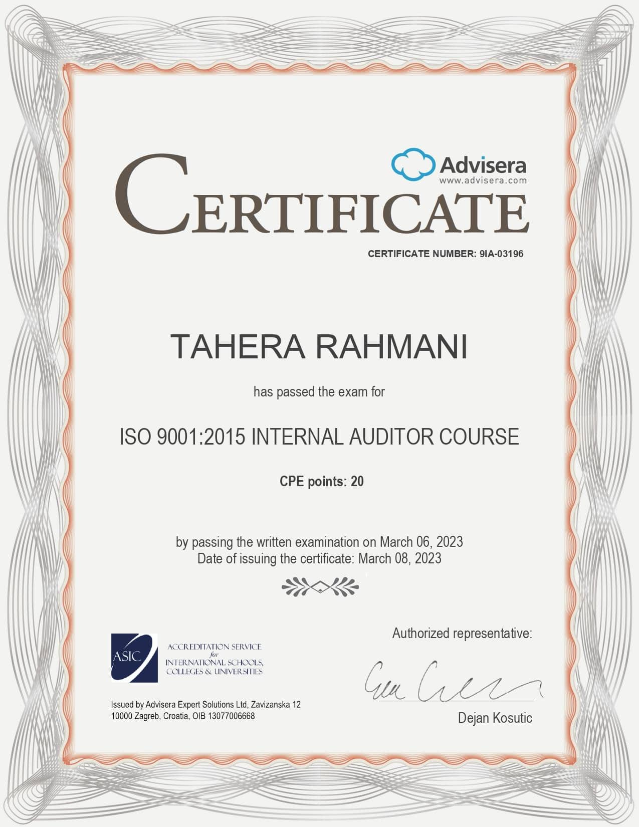 9IA-03196 Certificate ISO 9001 Internal Auditor TAHERA RAHMANI