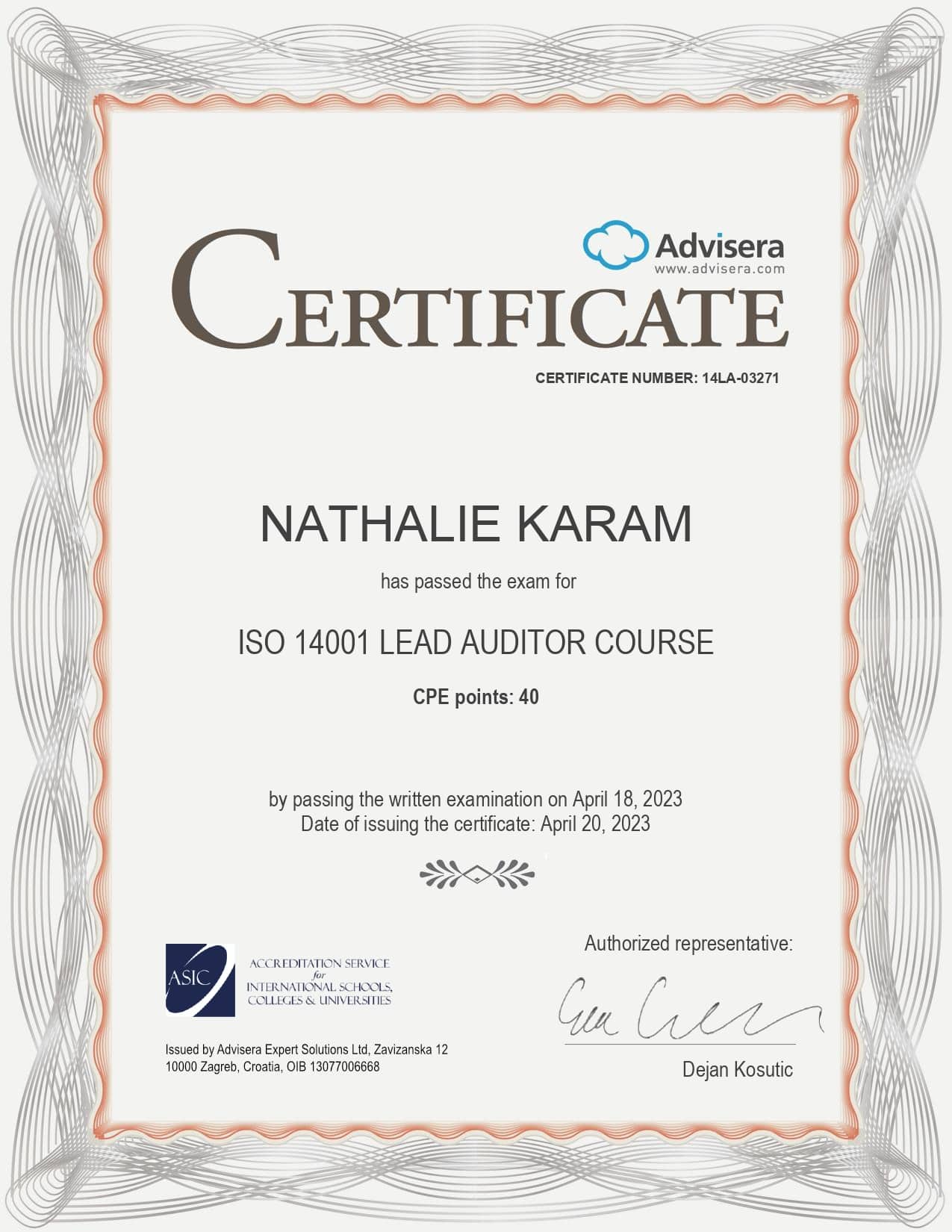 14LA-03271 Certificate ISO 14001 Lead Auditor NATHALIE KARAM