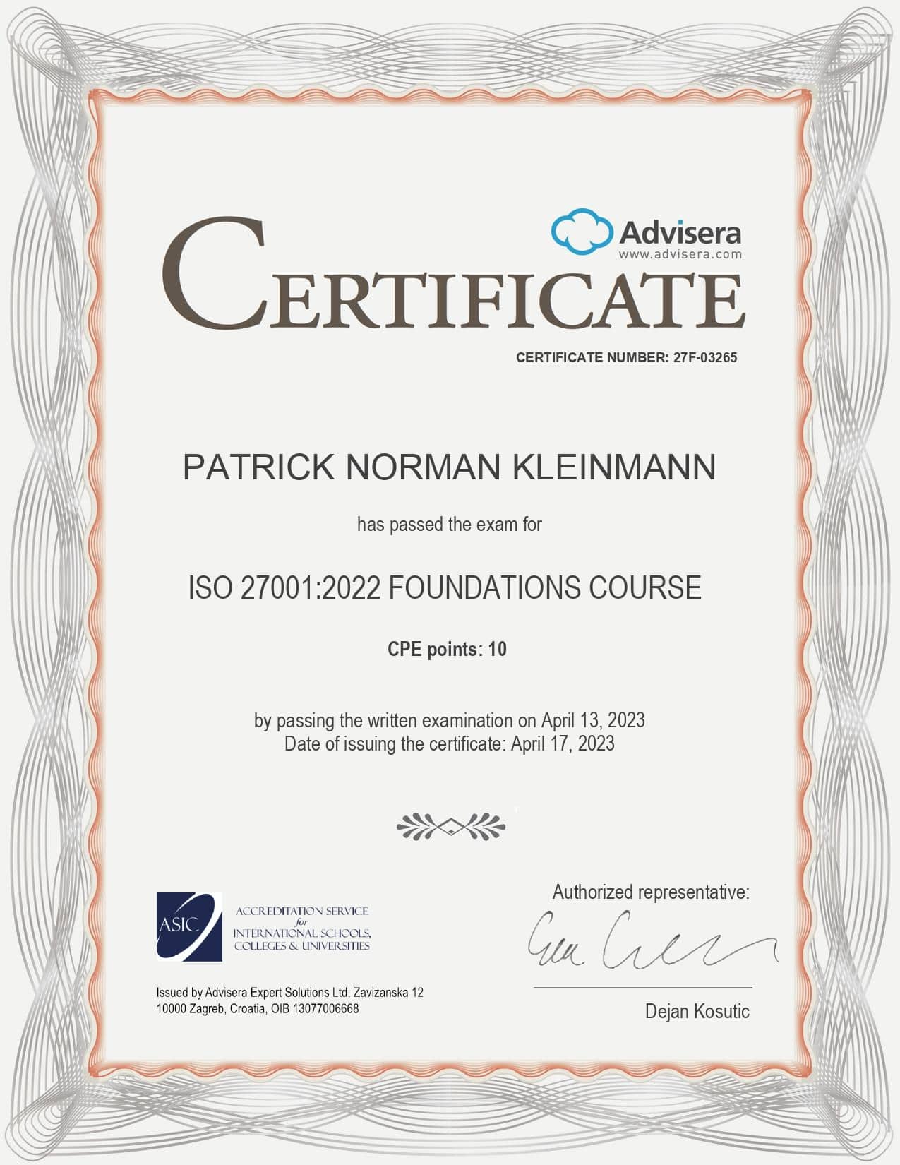 27F-03265 Certificate ISO 27001 Foundations Course PATRICK NORMAN KLEINMANN