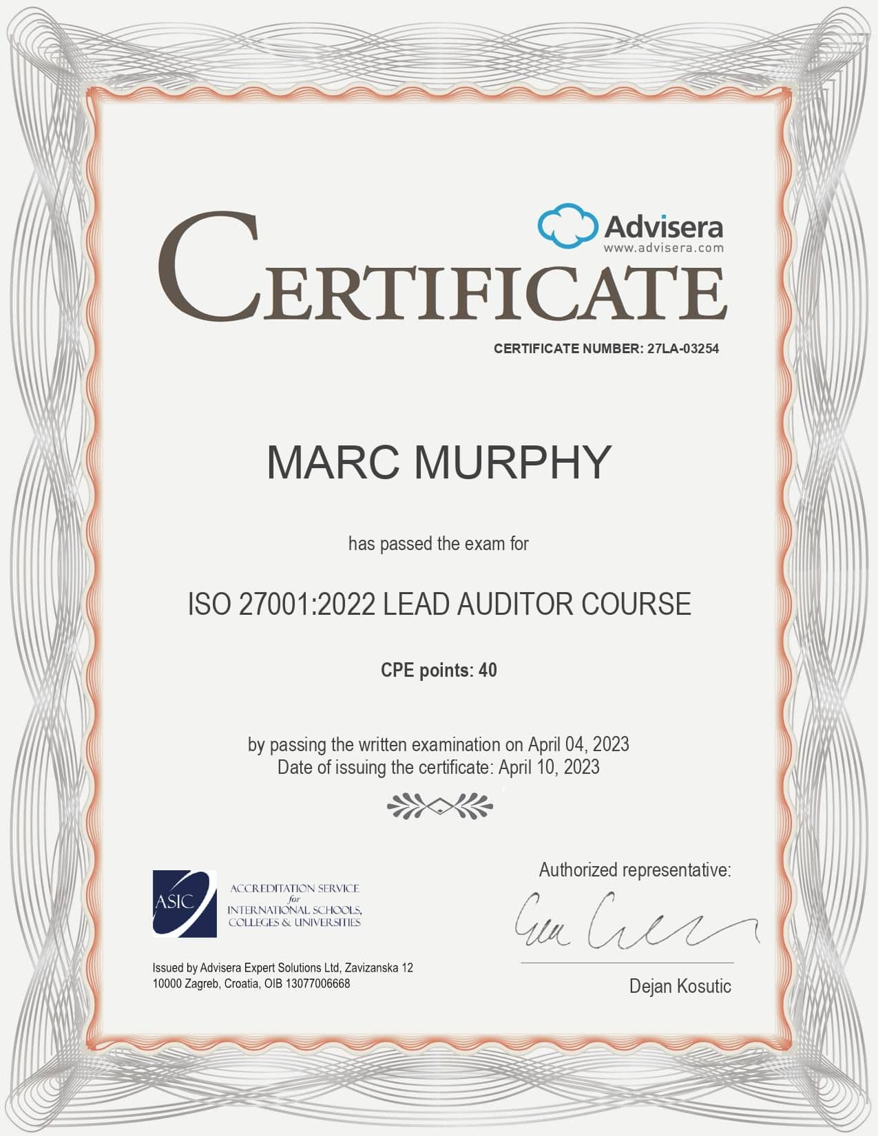 27LA-03254 Certificate ISO 27001 Lead Auditor MARC MURPHY