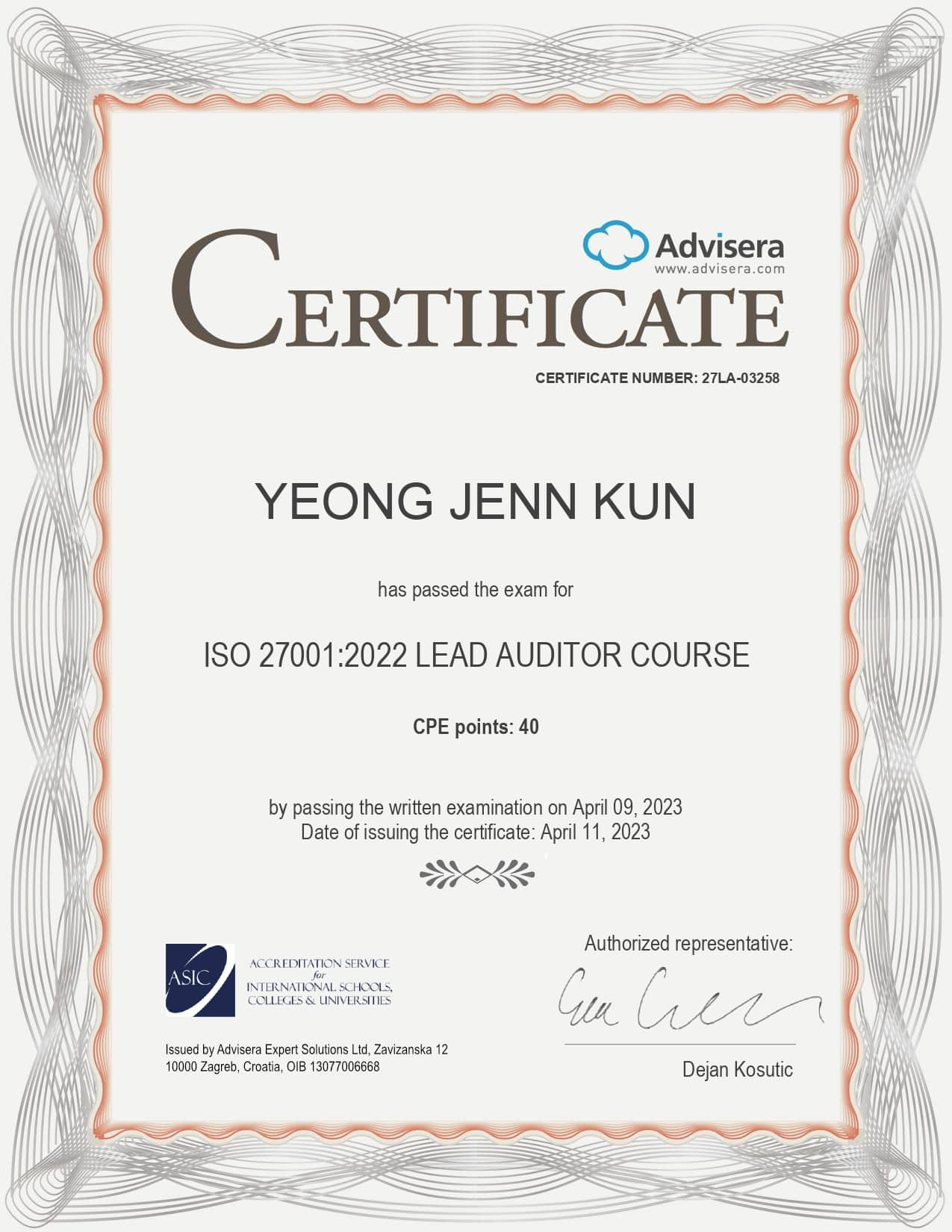 27LA-03258 Certificate ISO 27001 Lead Auditor YEONG JENN KUN