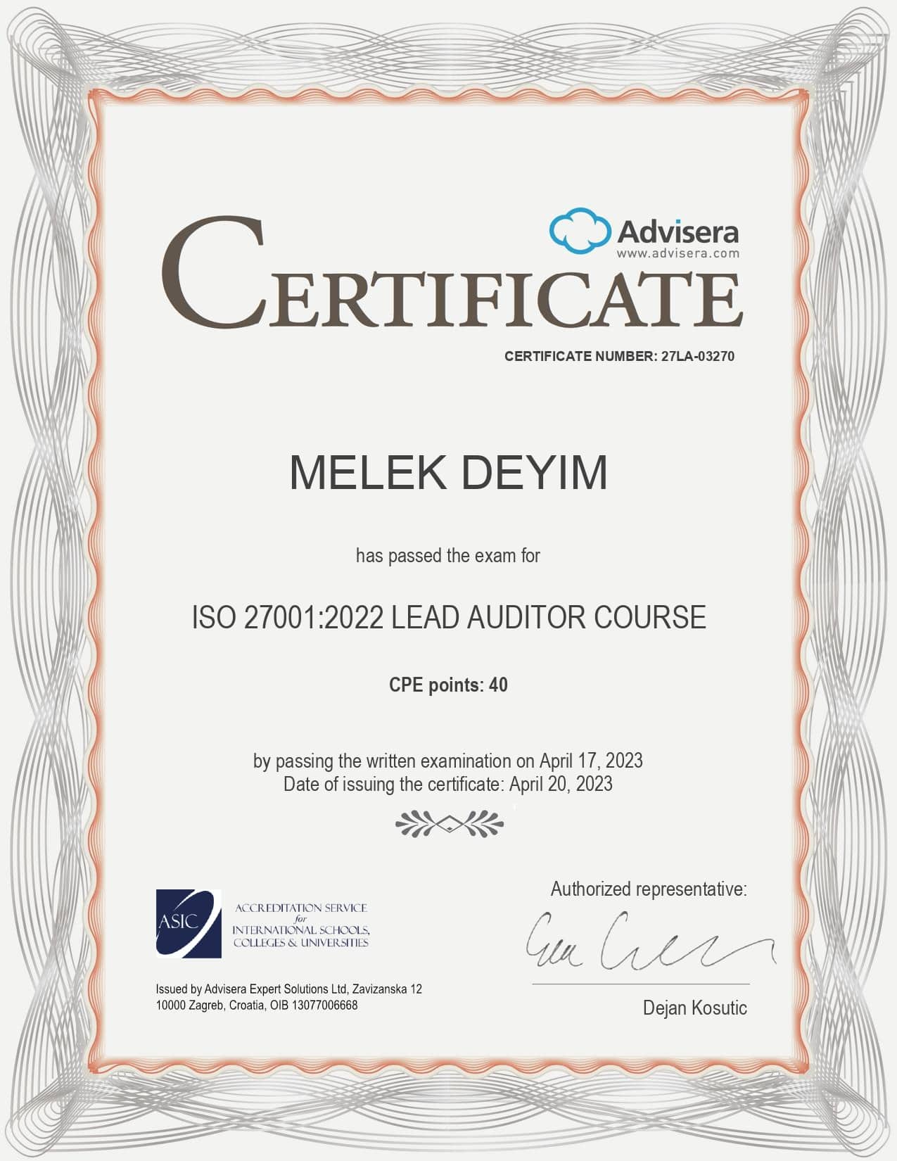 27LA-03270 Certificate ISO 27001 Lead Auditor MELEK DEYIM