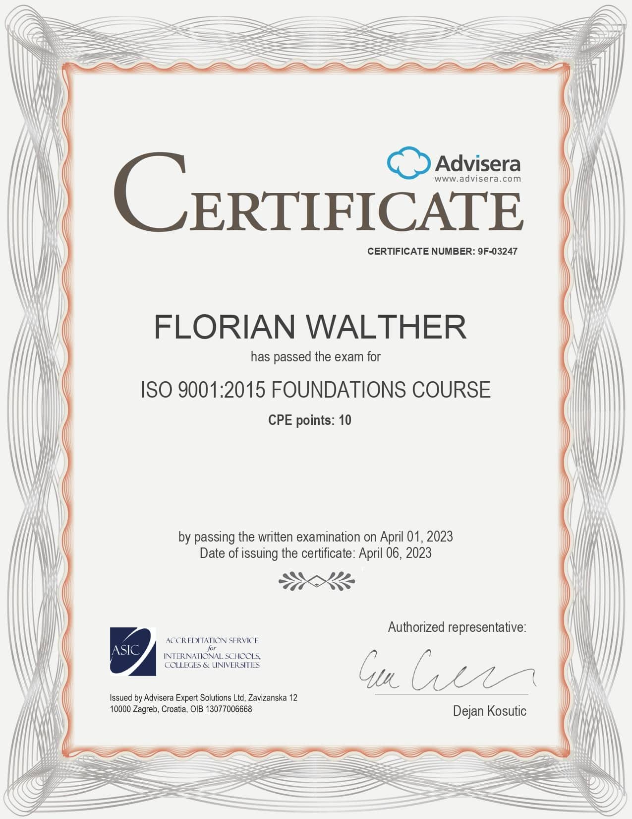 9F-03247 Certificate ISO 9001 Foundations FLORIAN WALTHER