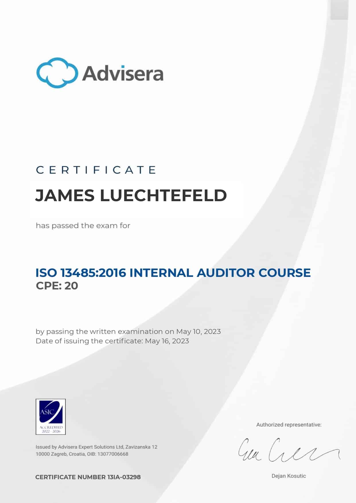 13IA-03298 Certificate ISO 13485 Internal Auditor JAMES LUECHTEFELD