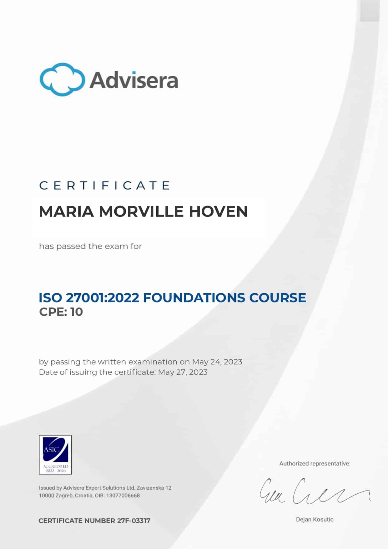 27F-03317 Certificate ISO 27001 Foundations MARIA MORVILLE HOVEN