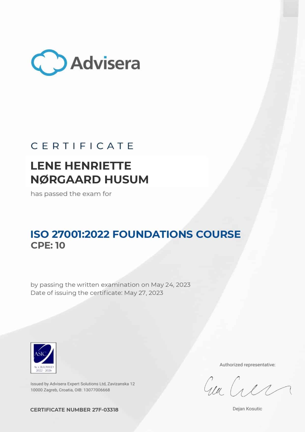 27F-03318 Certificate ISO 27001 Foundations LENE HENRIETTE NØRGAARD HUSUM