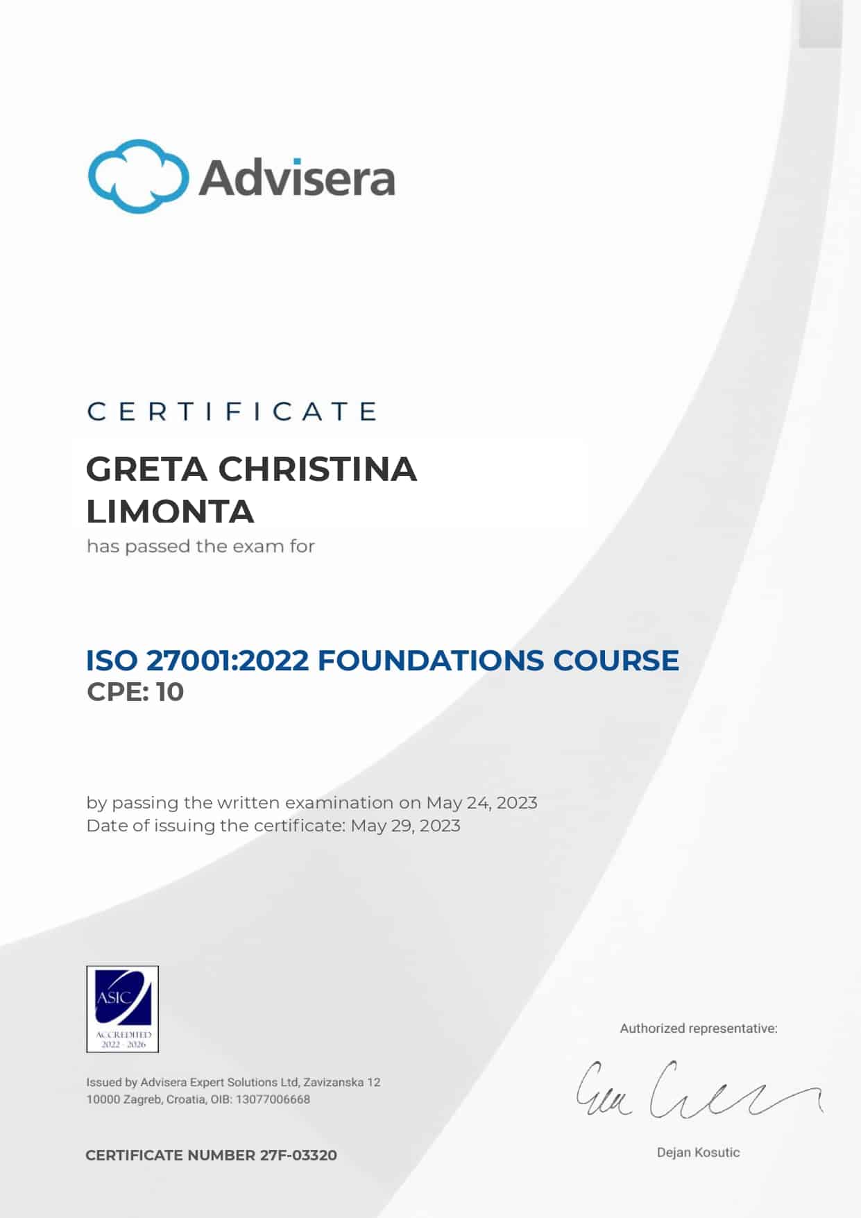 27F-03320 Certificate ISO 27001 Foundations GRETA CHRISTINA LIMONTA