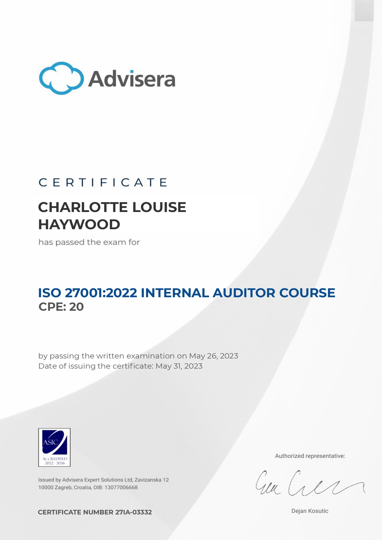 27IA-03332 Certificate ISO 27001 Internal Auditor CHARLOTTE LOUISE HAYWOOD