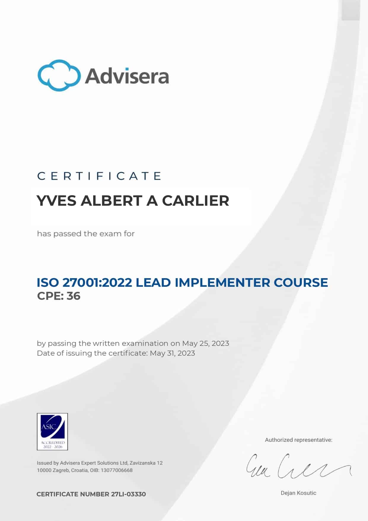 27LI-03330 Certificate ISO 27001 Lead Implementer YVES ALBERT A CARLIER