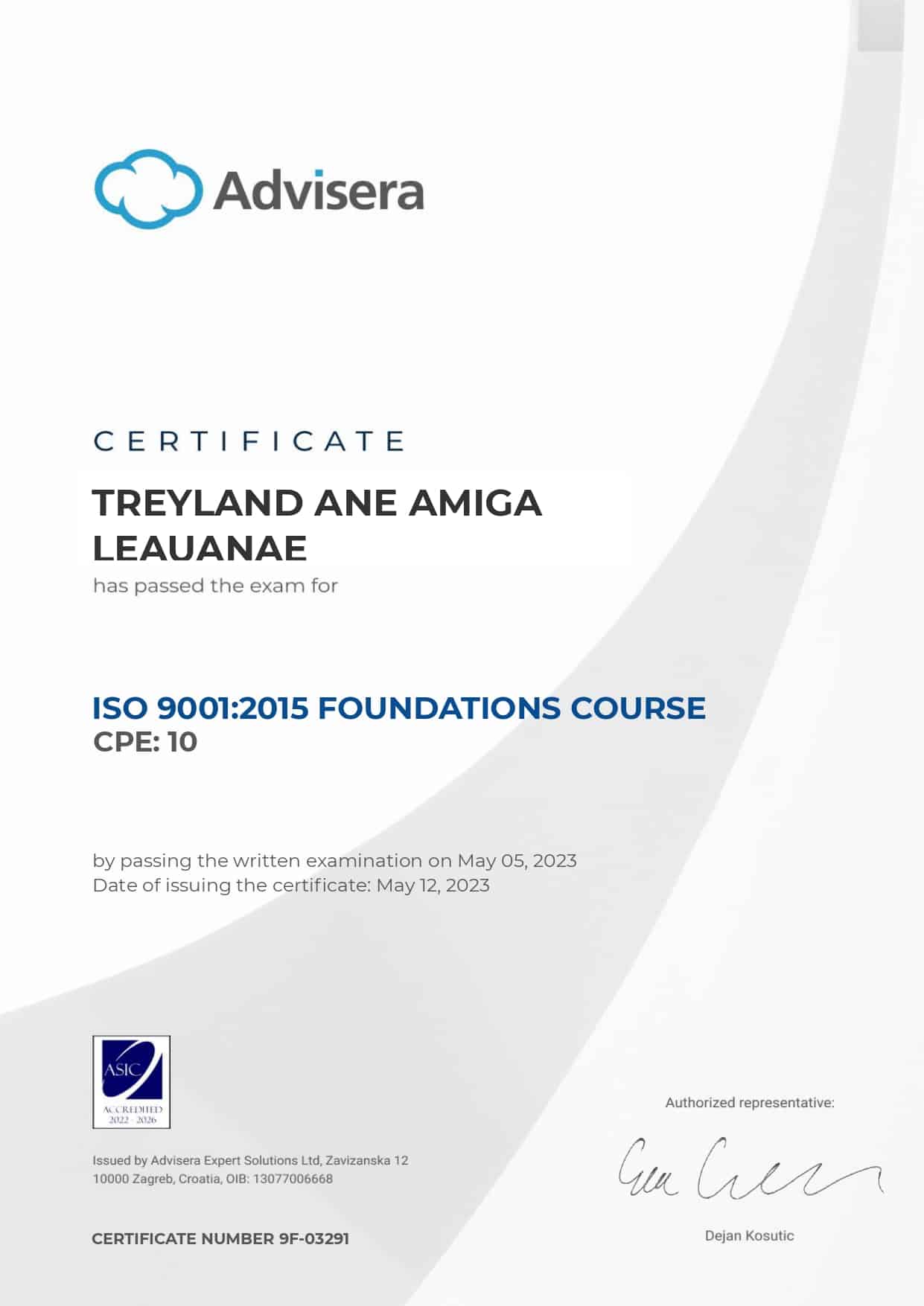 9F-03291 Certificate ISO 9001 Foundations TREYLAND ANE AMIGA LEAUANAE