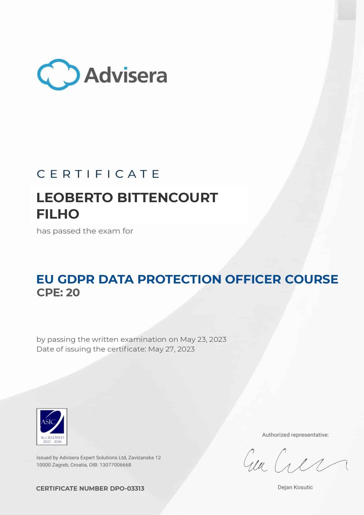 DPO-03313 Certificate EU GDPR DPO course LEOBERTO BITTENCOURT FILHO