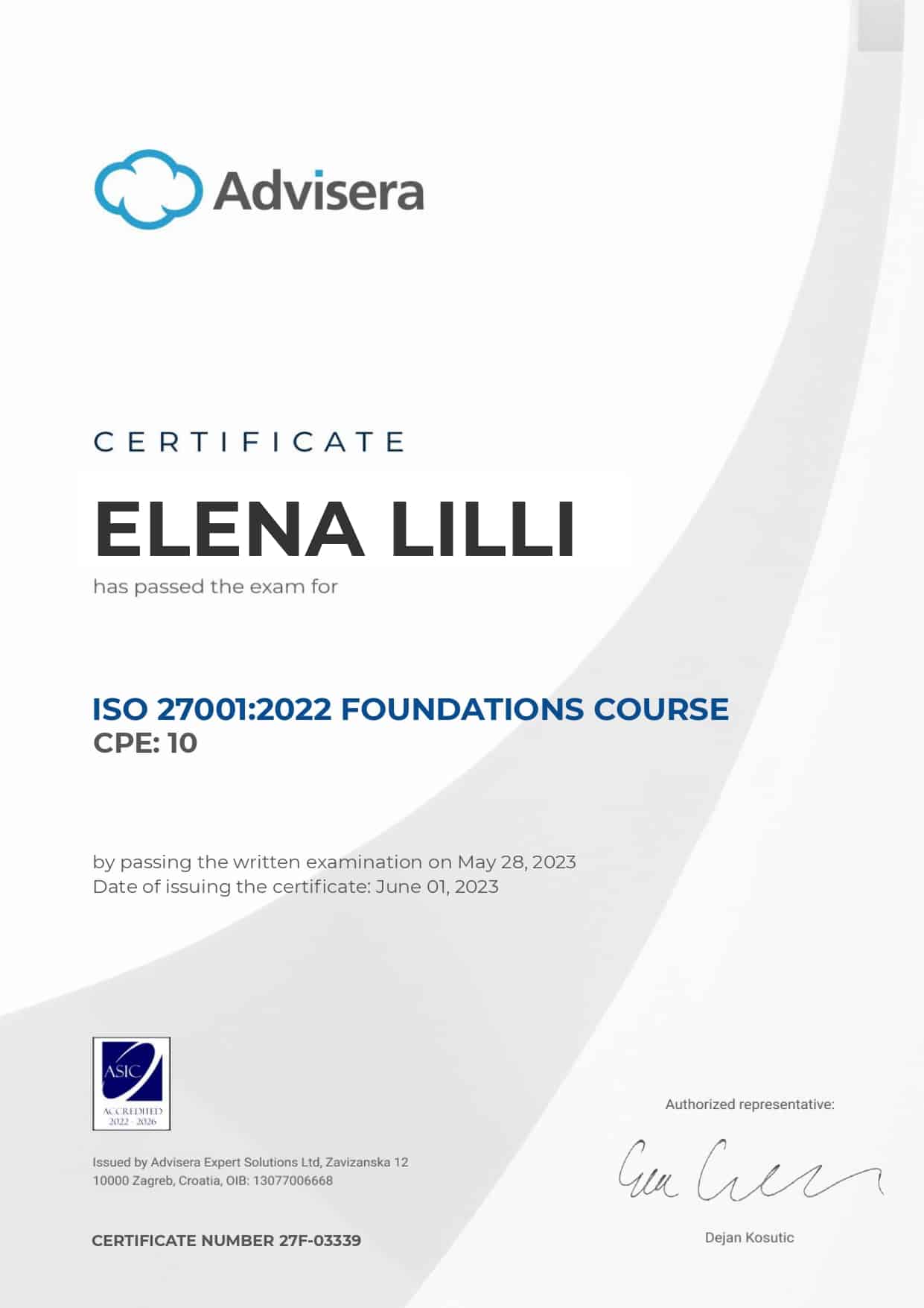 27F-03339 Certificate ISO 27001 Foundations ELENA LILLI