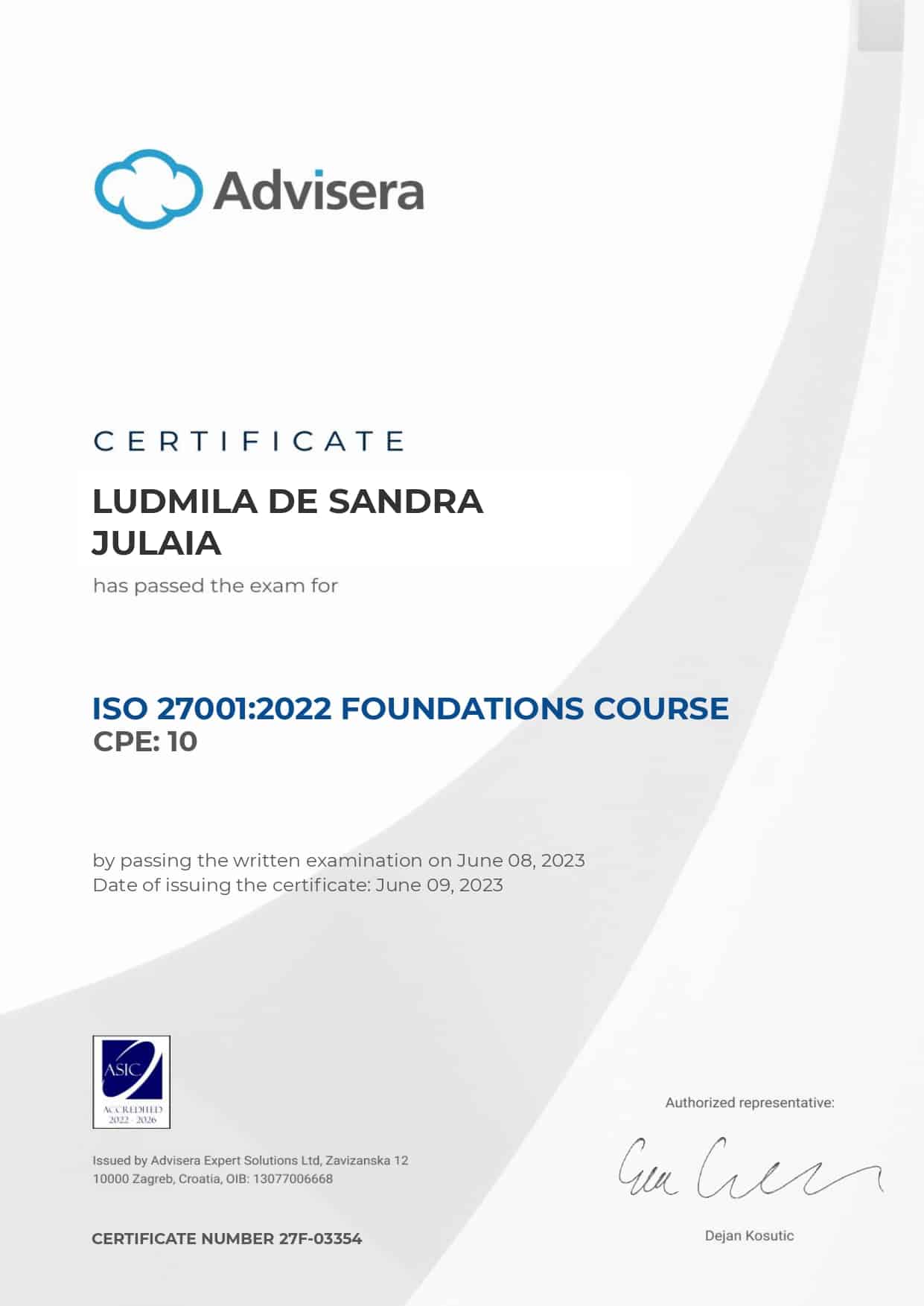 27F-03354 Certificate ISO 27001 Foundations LUDMILA DE SANDRA JULAIA