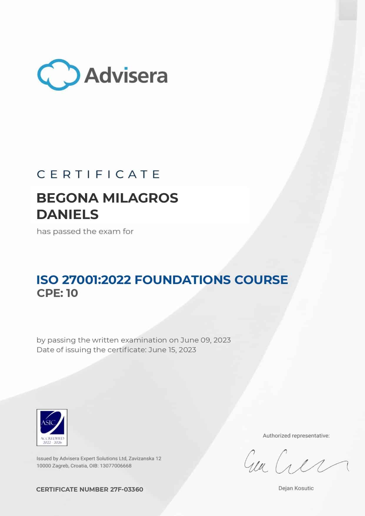 27F-03360 Certificate ISO 27001 Foundations BEGONA MILAGROS DANIELS