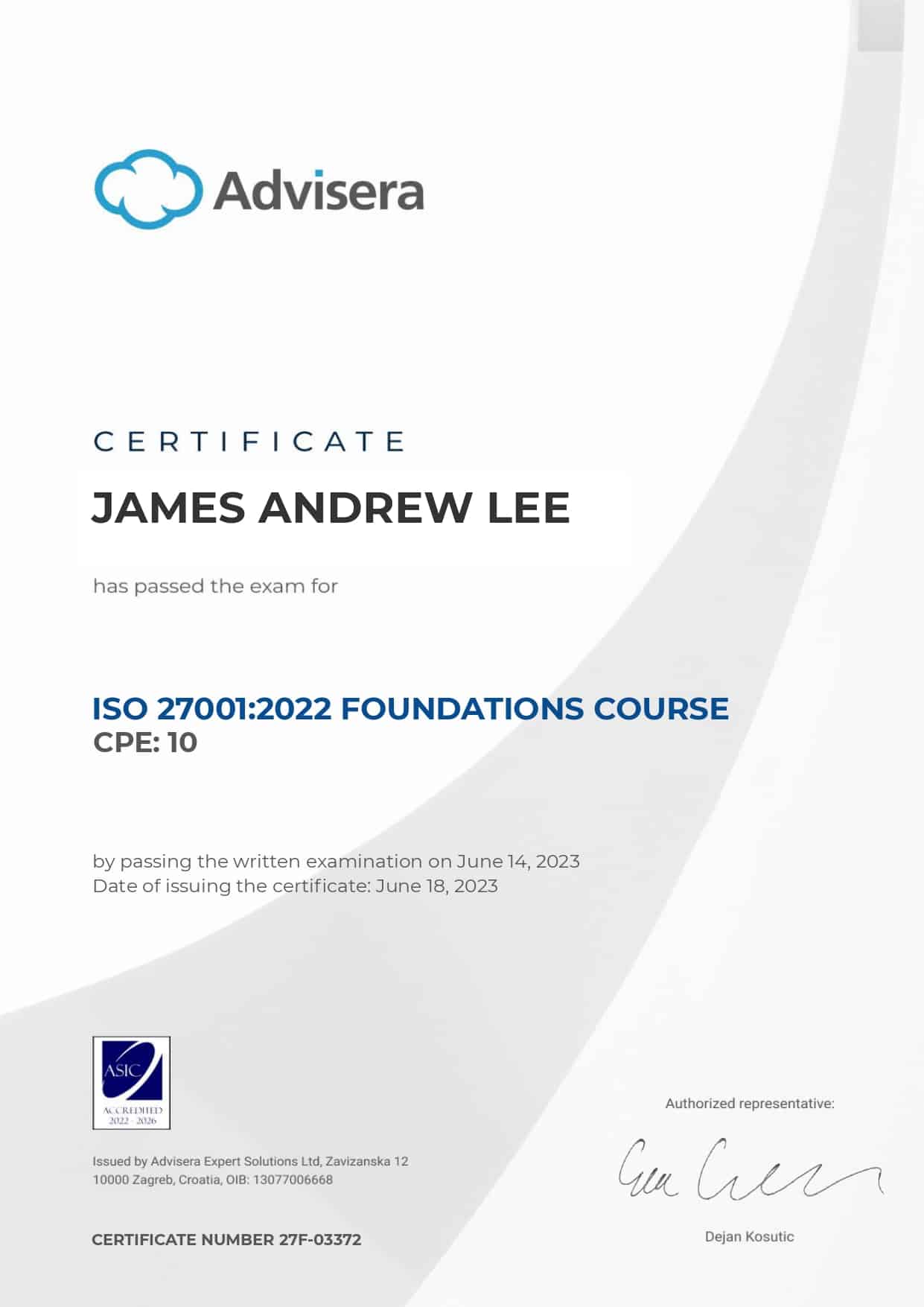 27F-03372 Certificate ISO 27001 Foundations JAMES ANDREW LEE