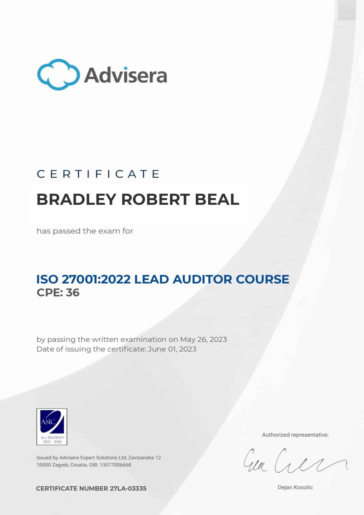 27LA-03335 Certificate ISO 27001 Lead Auditor BRADLEY ROBERT BEAL