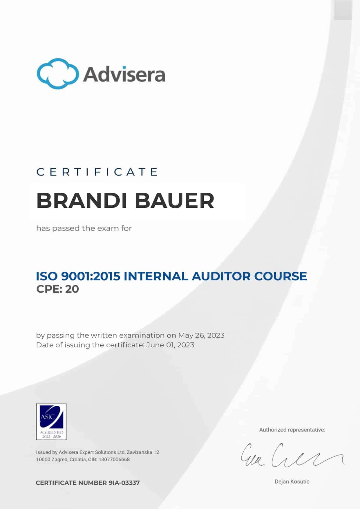9IA-03337 Certificate ISO 9001 Internal Auditor BRANDI BAUER