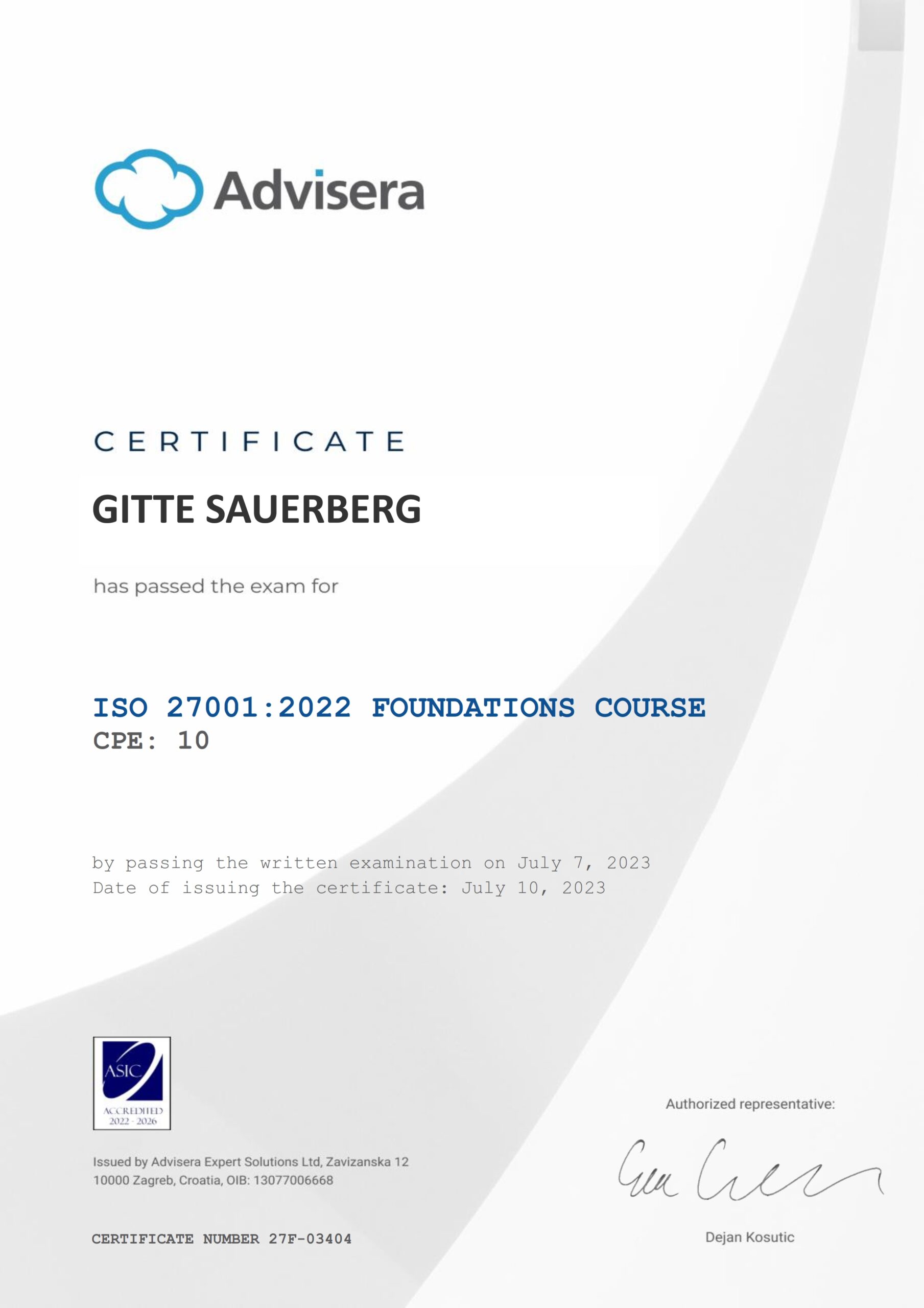 27F-03404 Certificate ISO 27001 Foundations GITTE SAUERBERG
