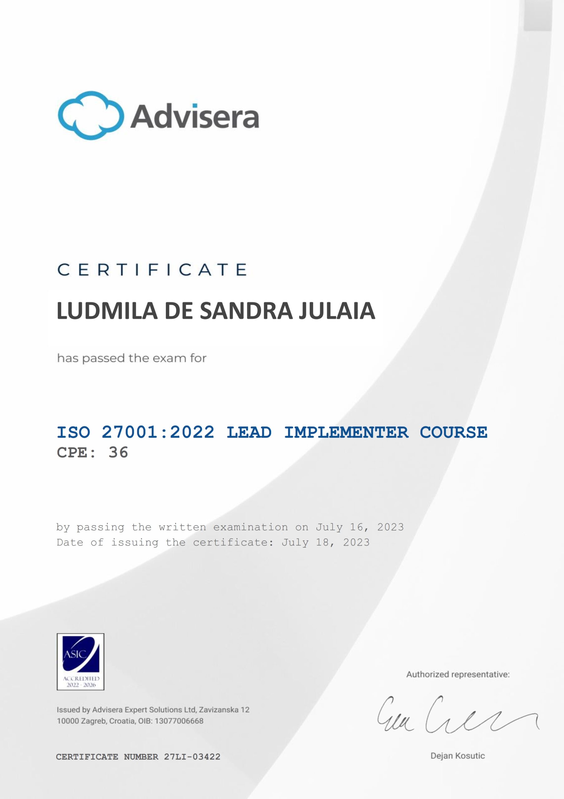 27LI-03422 Certificate ISO 27001 Lead Implementer LUDMILA DE SANDRA JULAIA