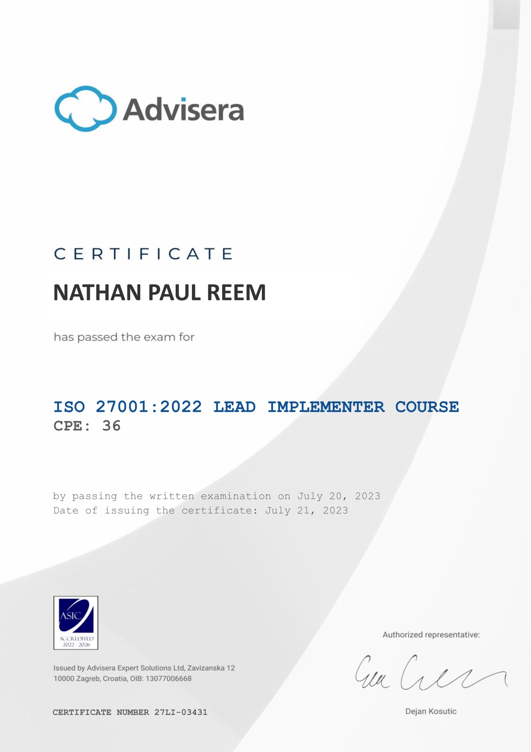 27LI-03431 Certificate ISO 27001 Lead Implementer NATHAN PAUL REEM
