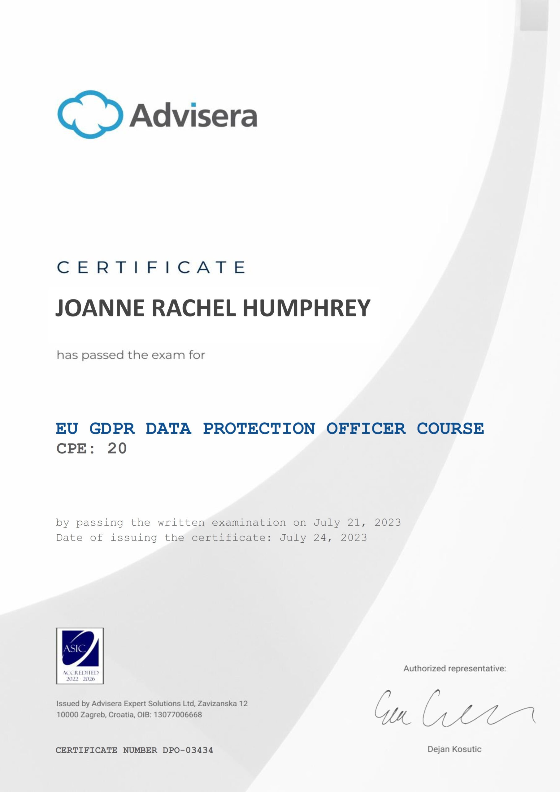 DPO-03434 Certificate EU GDPR DPO course JOANNE RACHEL HUMPHREY