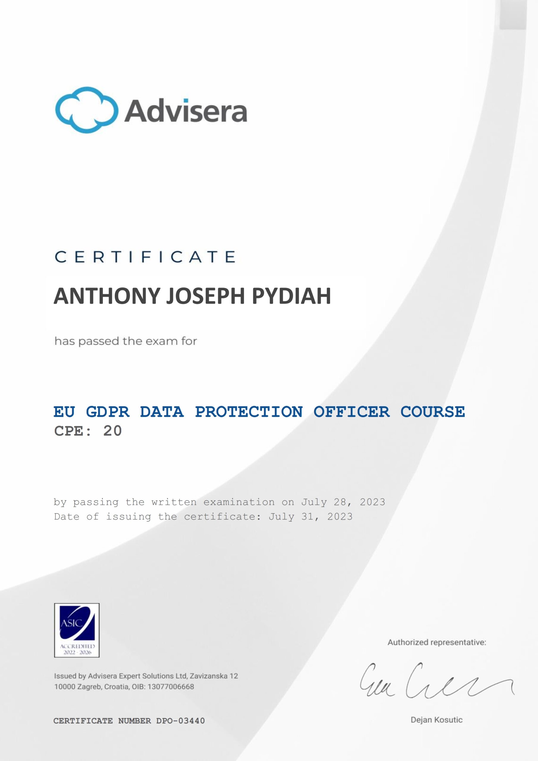 DPO-03440 Certificate EU GDPR DPO ANTHONY JOSEPH PYDIAH