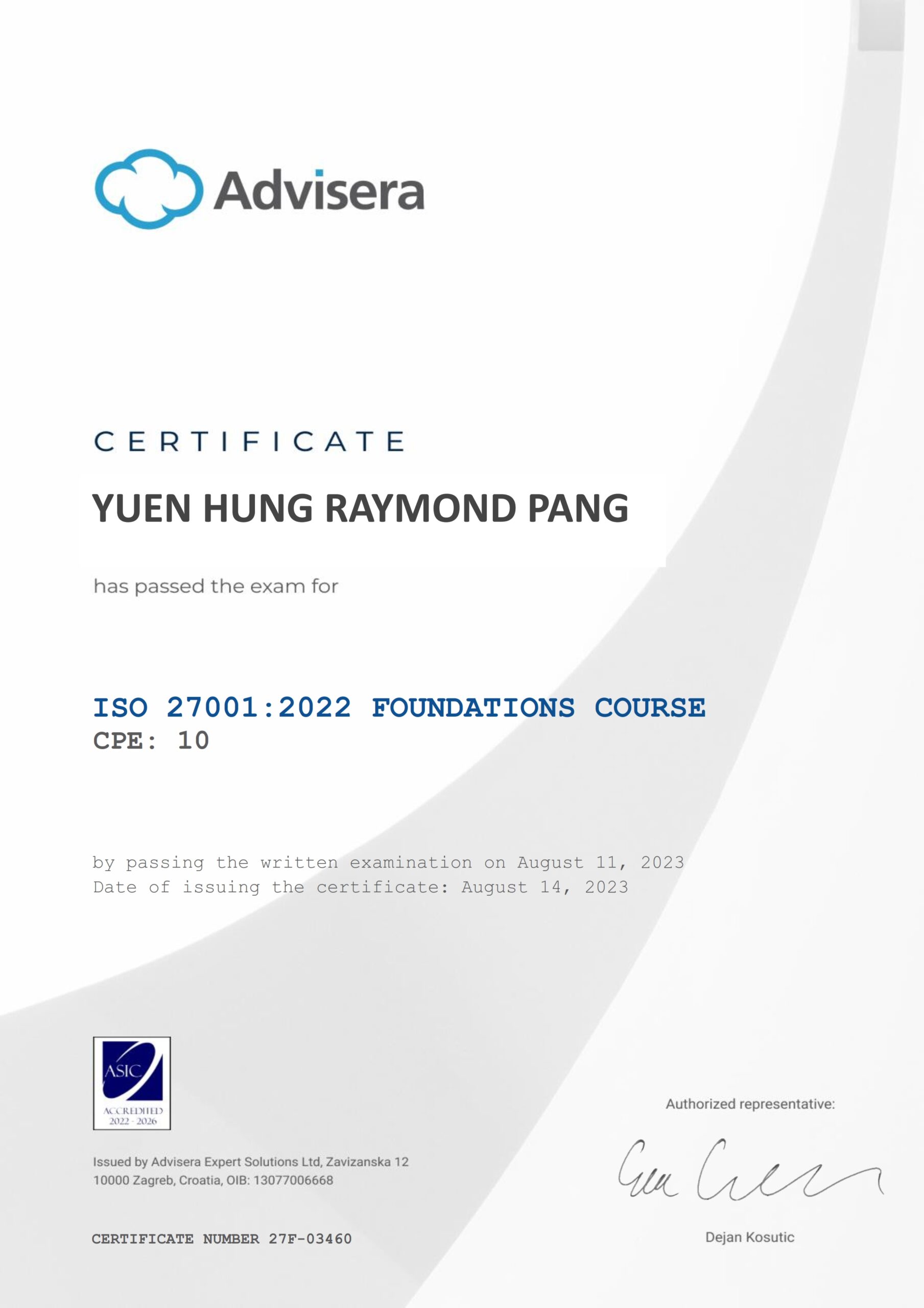 27F-03460 Certificate ISO 27001 Foundations YUEN HUNG RAYMOND PANG
