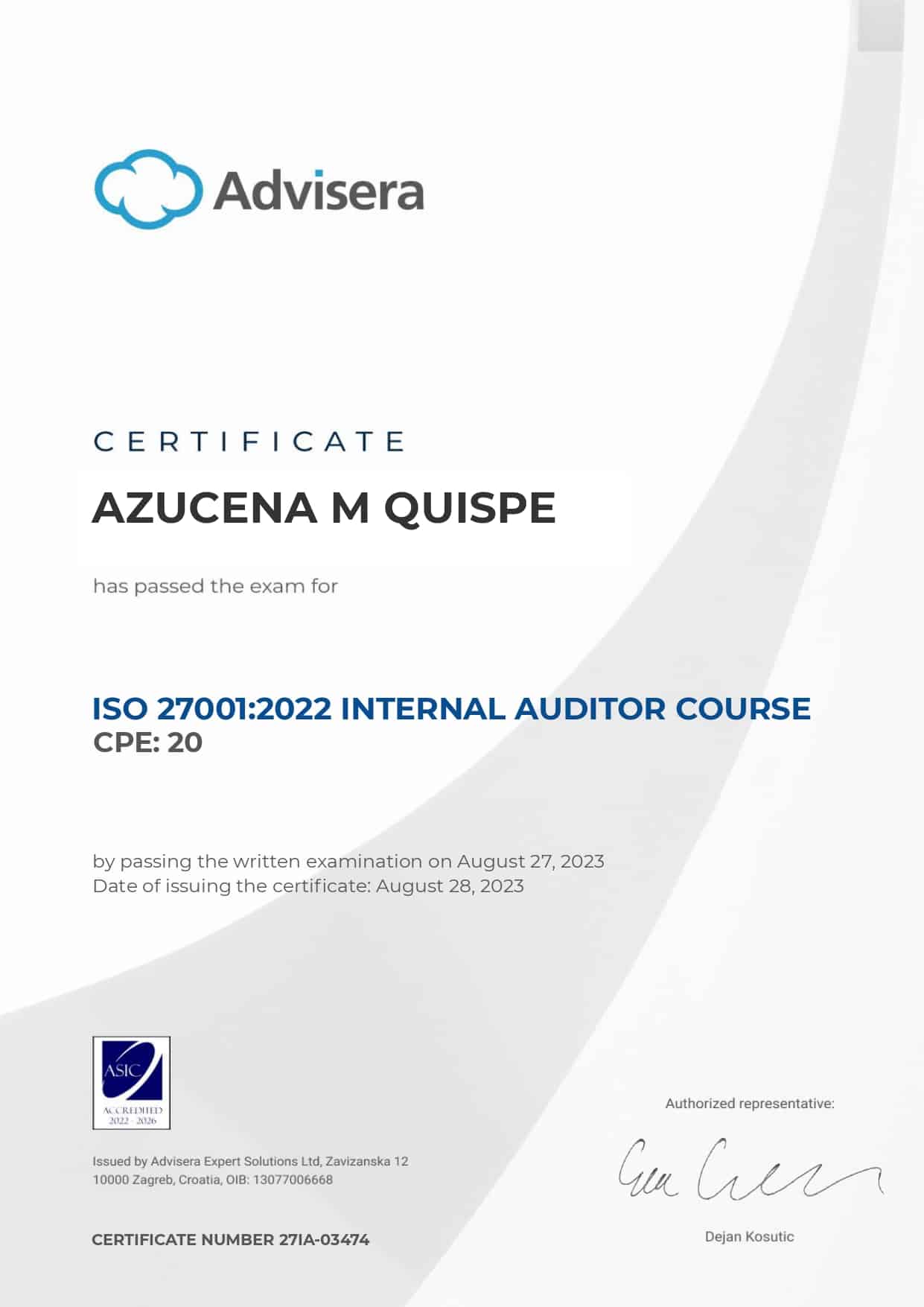 27IA-03474 Certificate ISO 27001 Internal Auditor AZUCENA M QUISPE