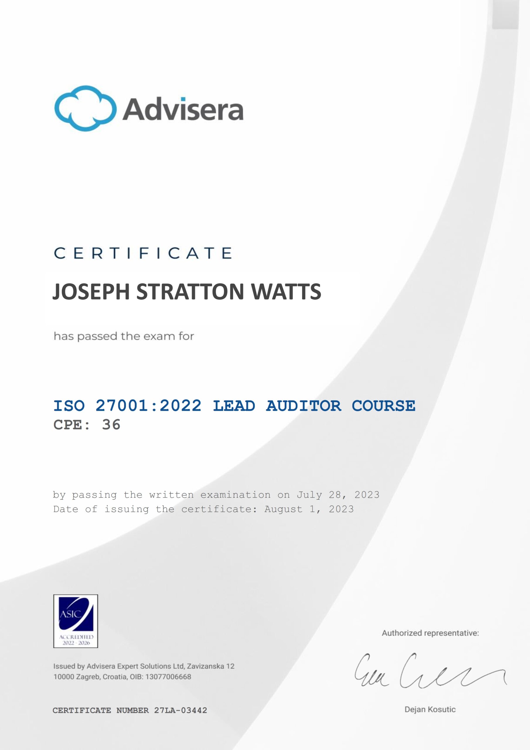 27LA-03442 Certificate ISO 27001 Lead Auditor JOSEPH STRATTON WATTS