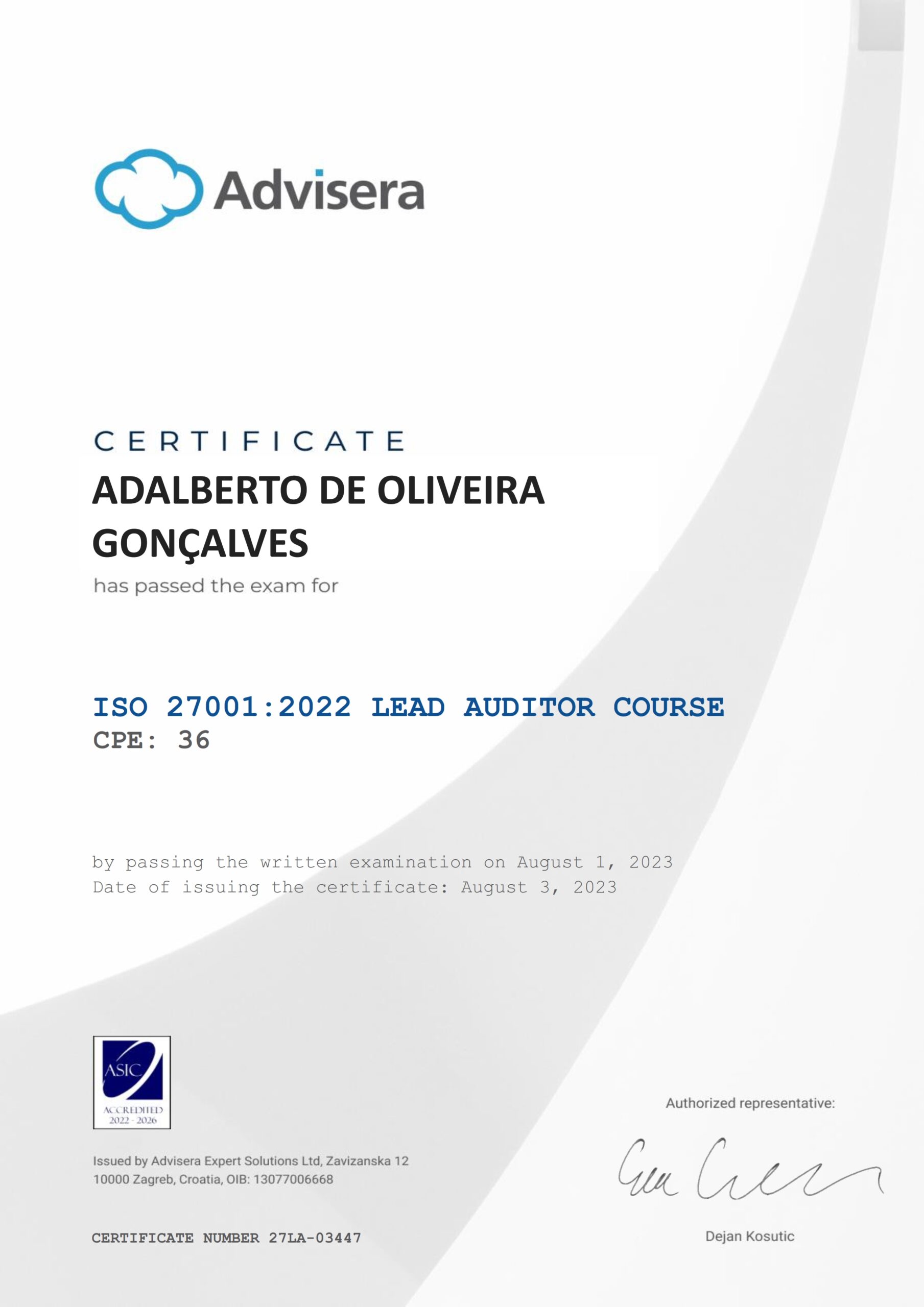 27LA-03447 Certificate ISO 27001 Lead Auditor ADALBERTO DE OLIVEIRA GONÇALVES