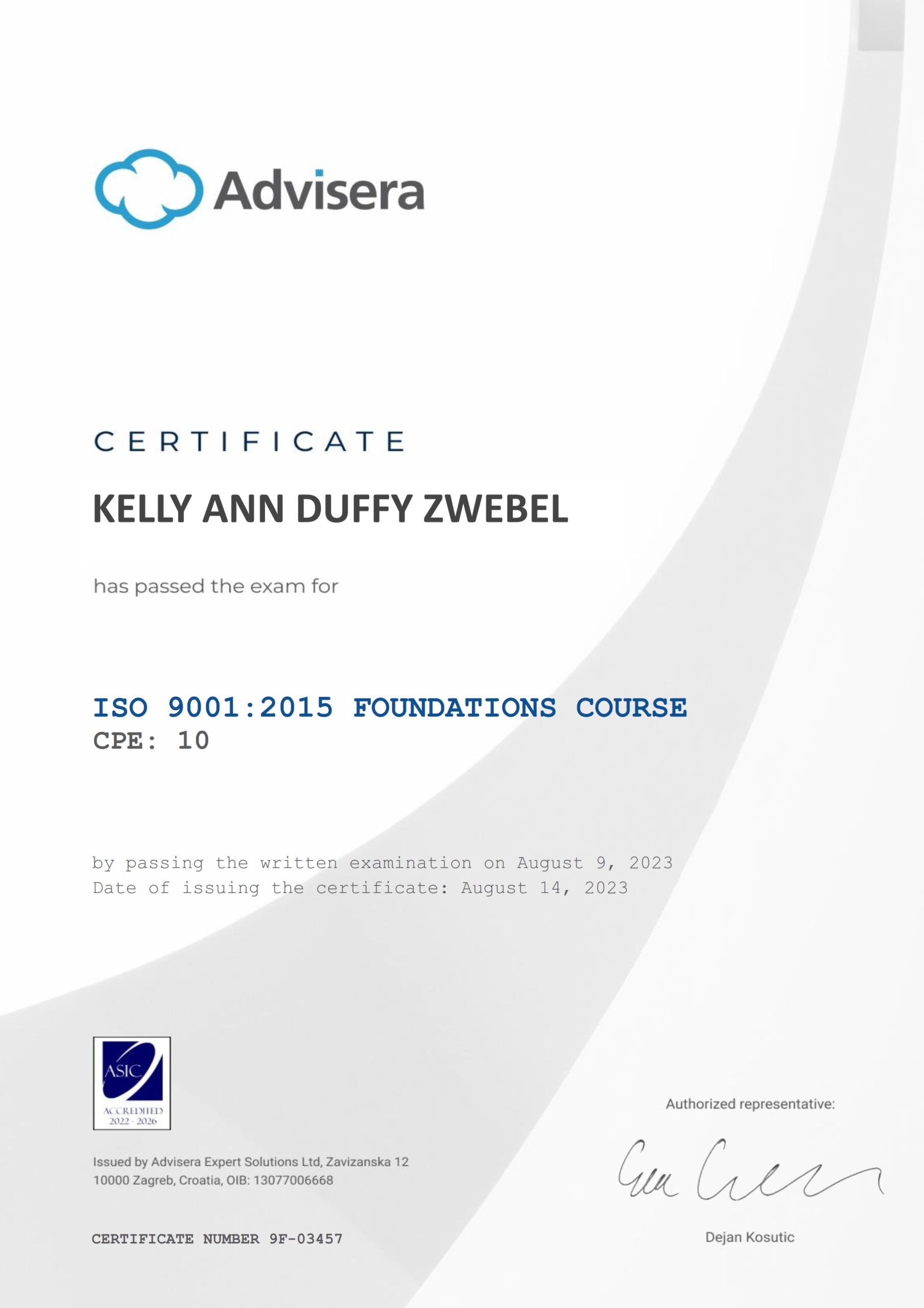 9F-03457 Certificate ISO 9001 Foundations KELLY ANN DUFFY ZWEBEL