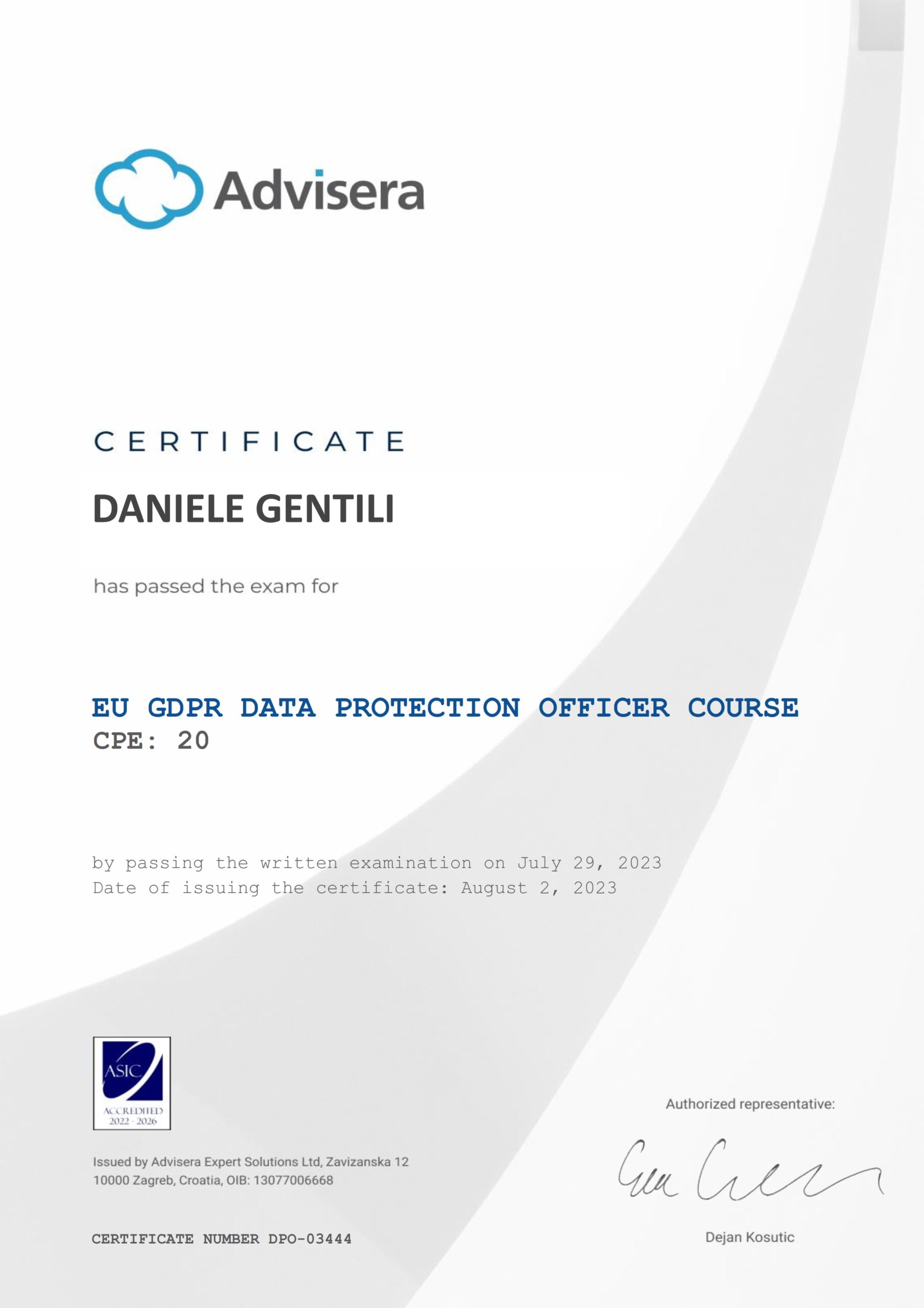DPO-03444 Certificate EU GDPR DPO course DANIELE GENTILI