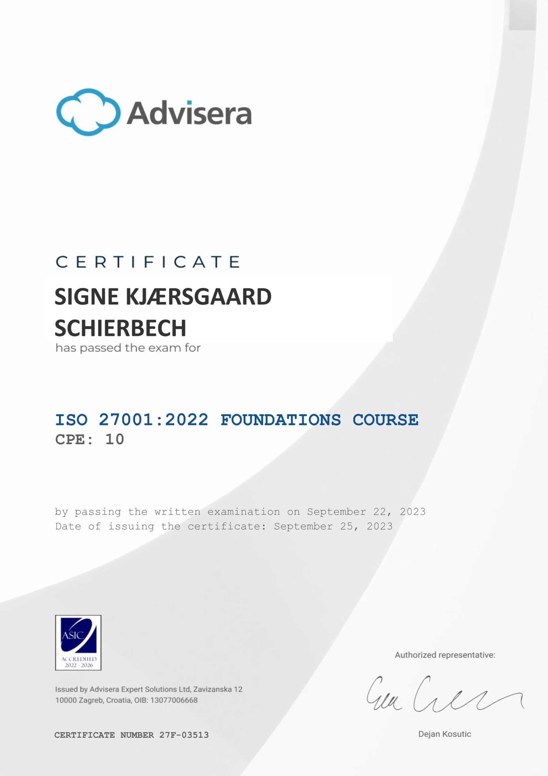 27F-03513 Certificate ISO 27001 Foundations SIGNE KJÆRSGAARD SCHIERBECH