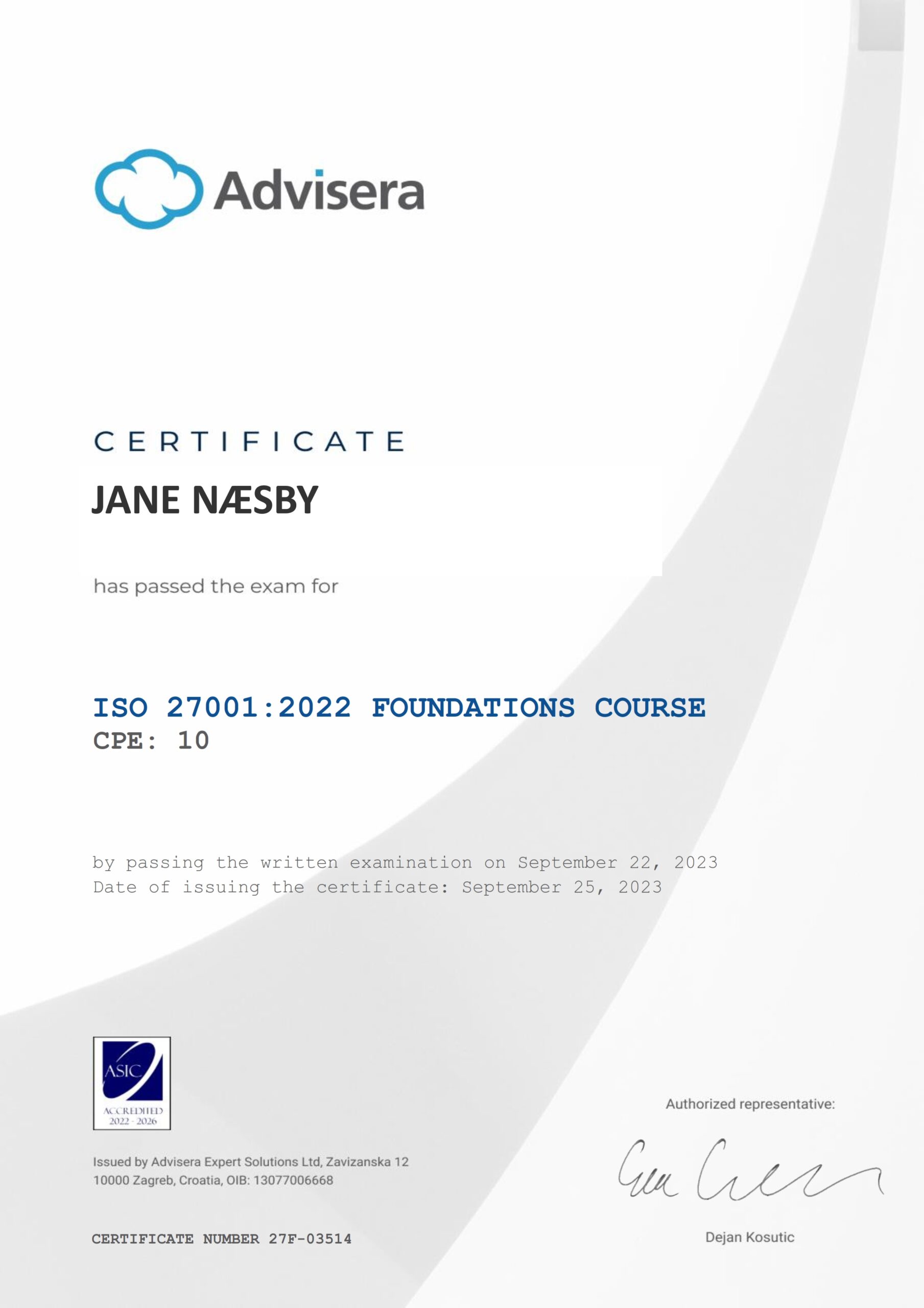 27F-03514 Certificate ISO 27001 Foundations JANE NÆSBY