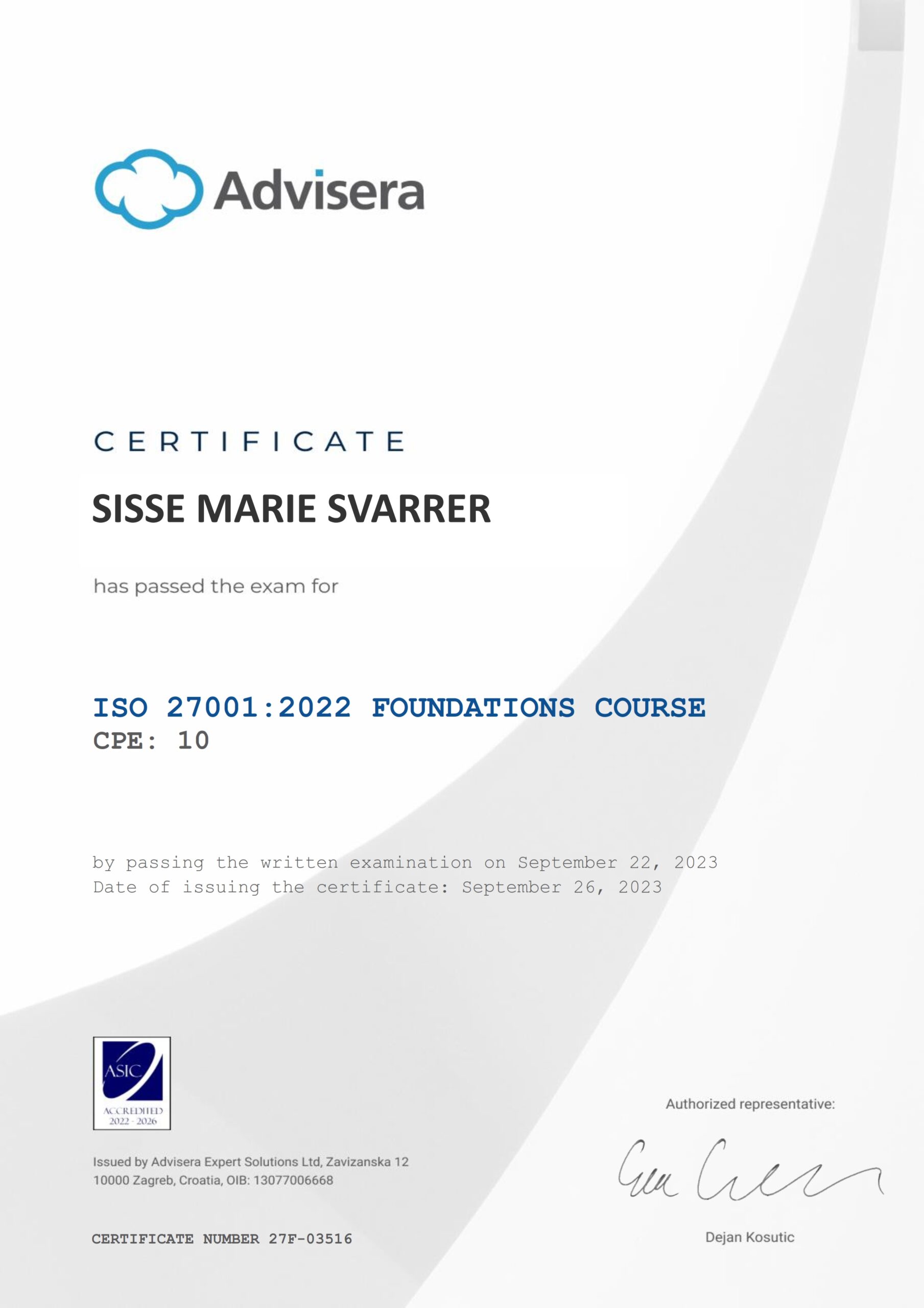 27F-03516 Certificate ISO 27001 Foundations SISSE MARIE SVARRER