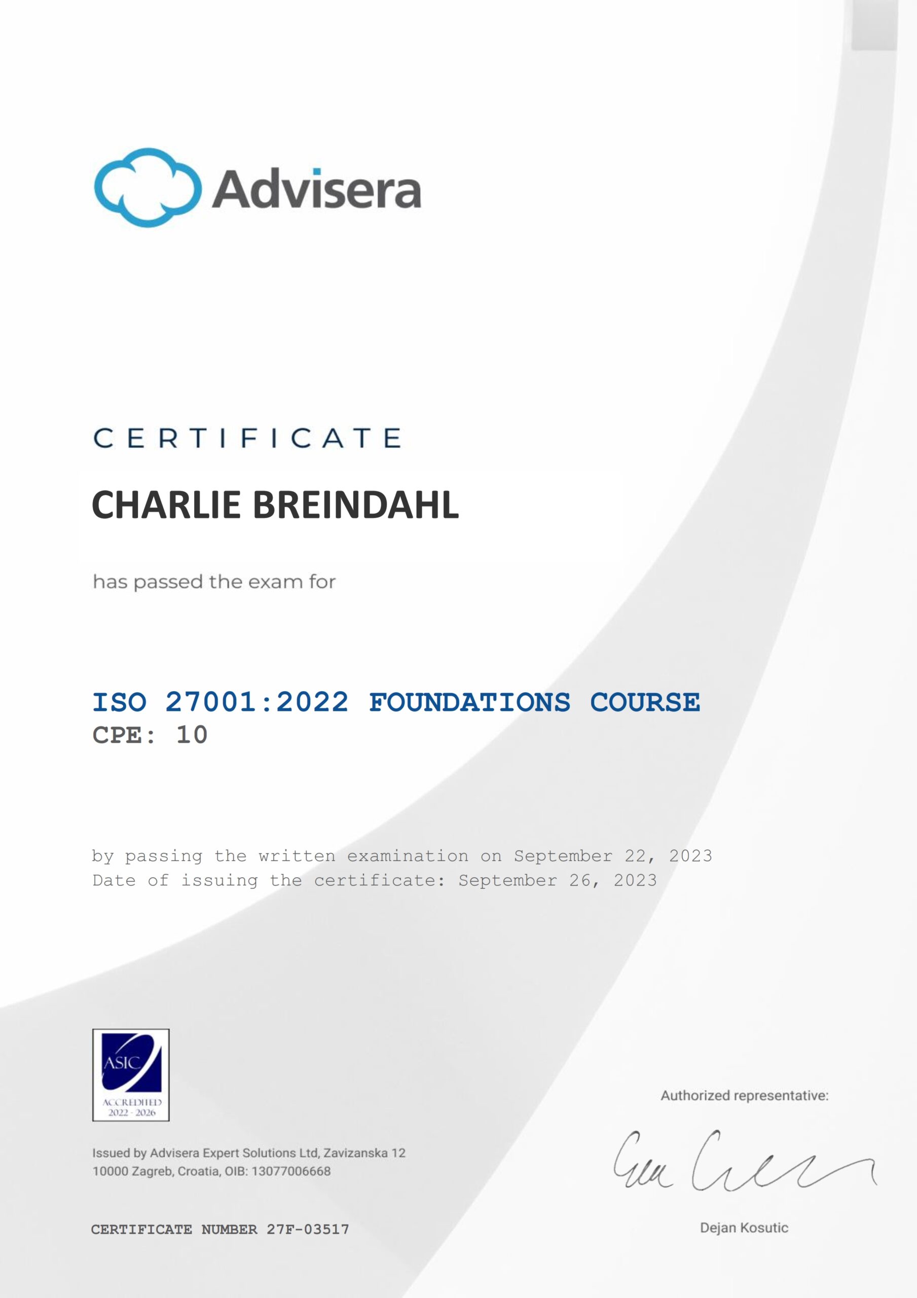 27F-03517 Certificate ISO 27001 Foundations CHARLIE BREINDAHL