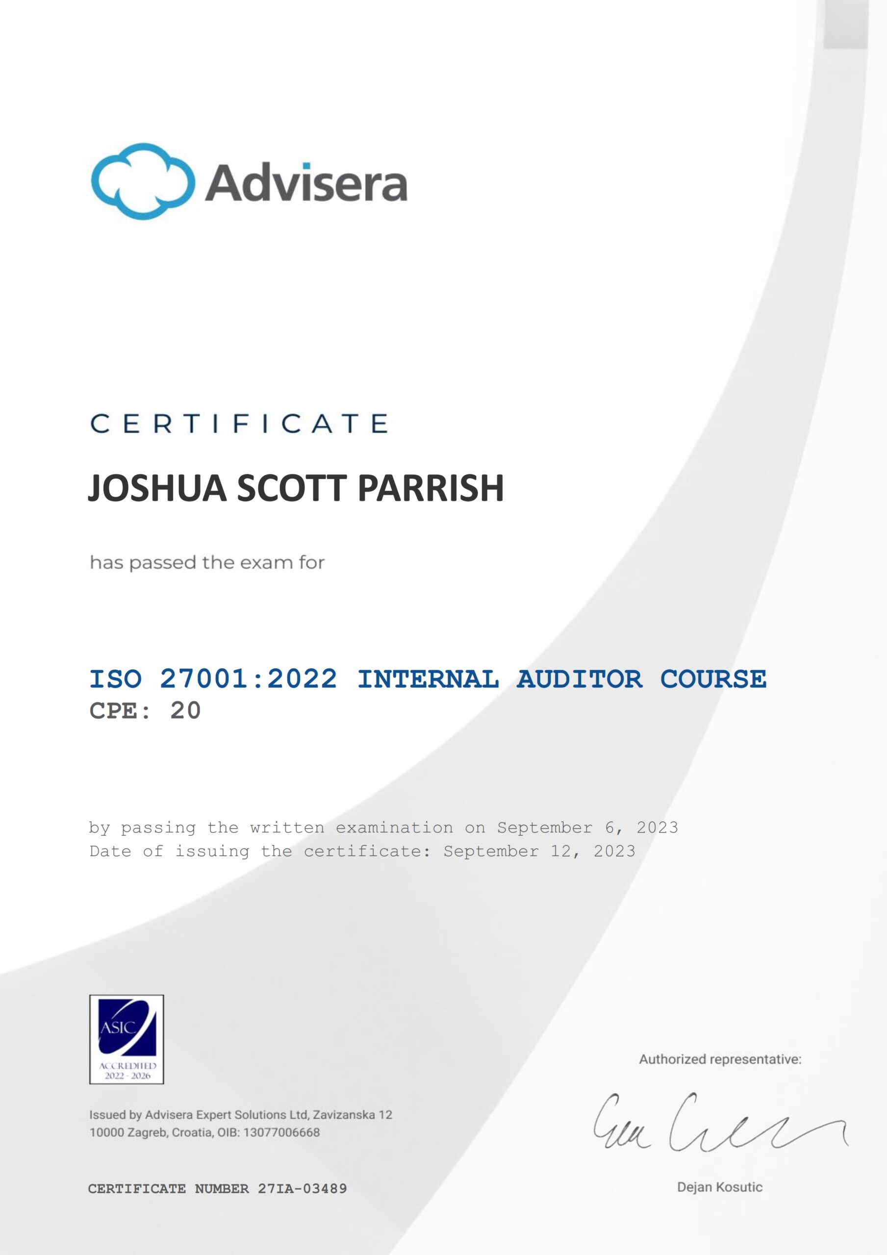 27IA-03489 Certificate ISO 27001 Internal Auditor JOSHUA SCOTT PARRISH