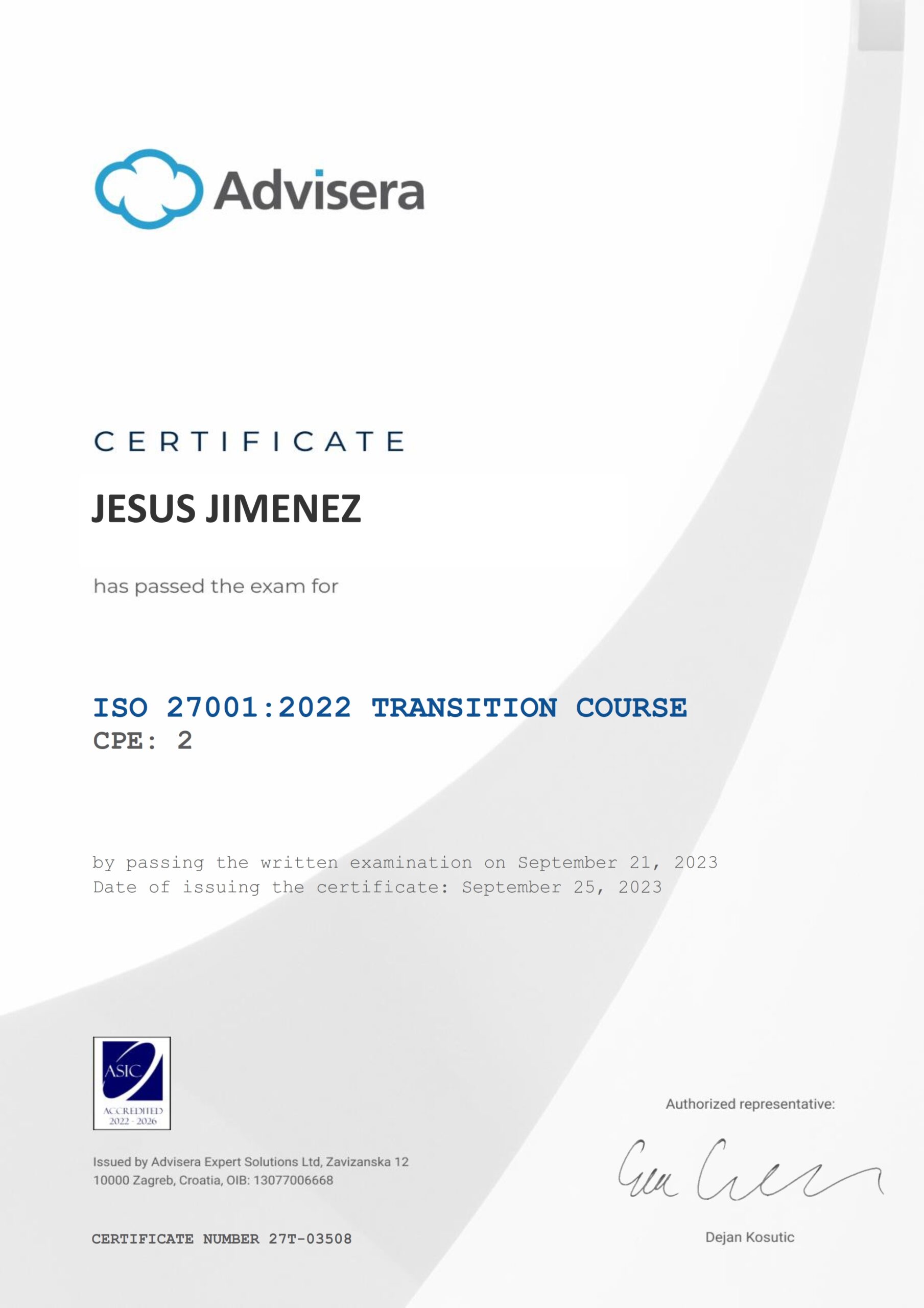 27T-03508 Certificate ISO 27001 Transition JESUS JIMENEZ