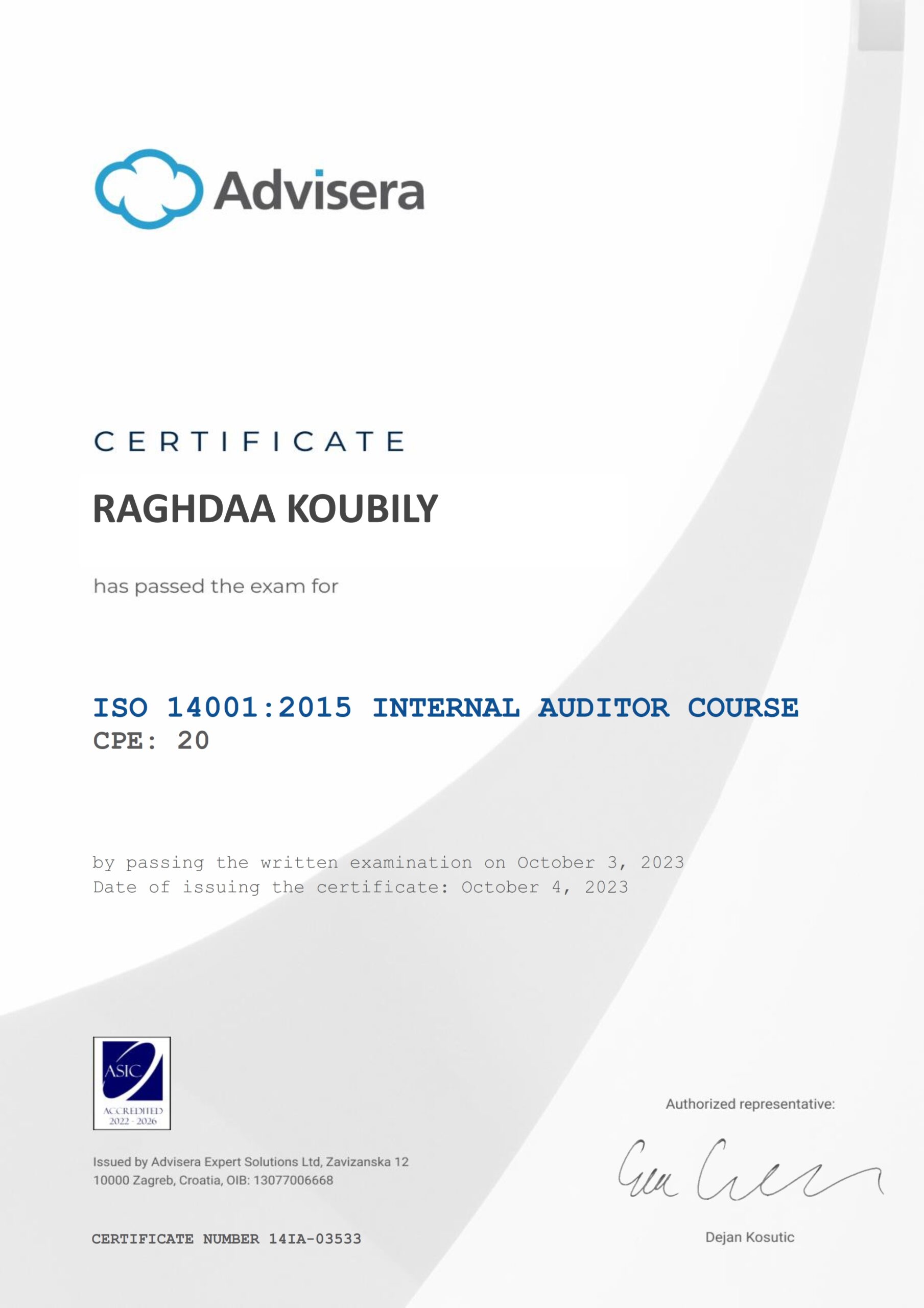 14IA-03533 Certificate ISO 14001 Internal Auditor RAGHDAA KOUBILY