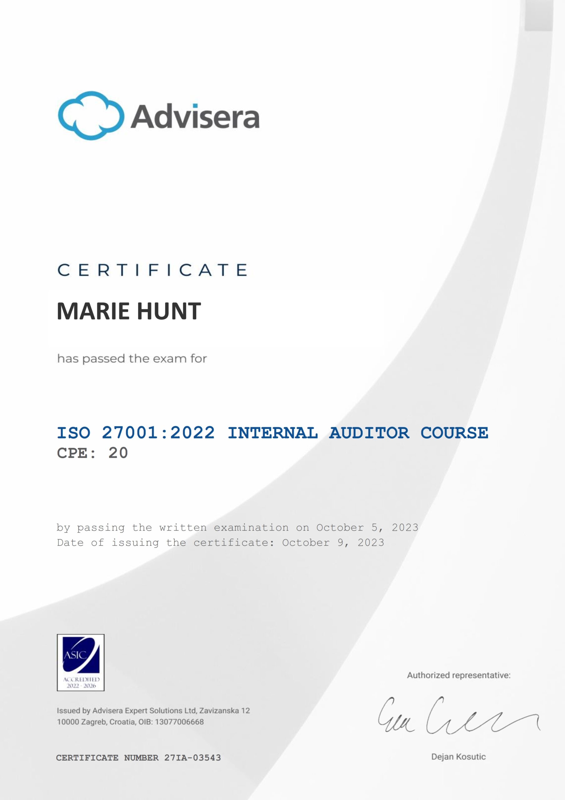 27IA-03543 Certificate ISO 27001 Internal Auditor MARIE HUNT