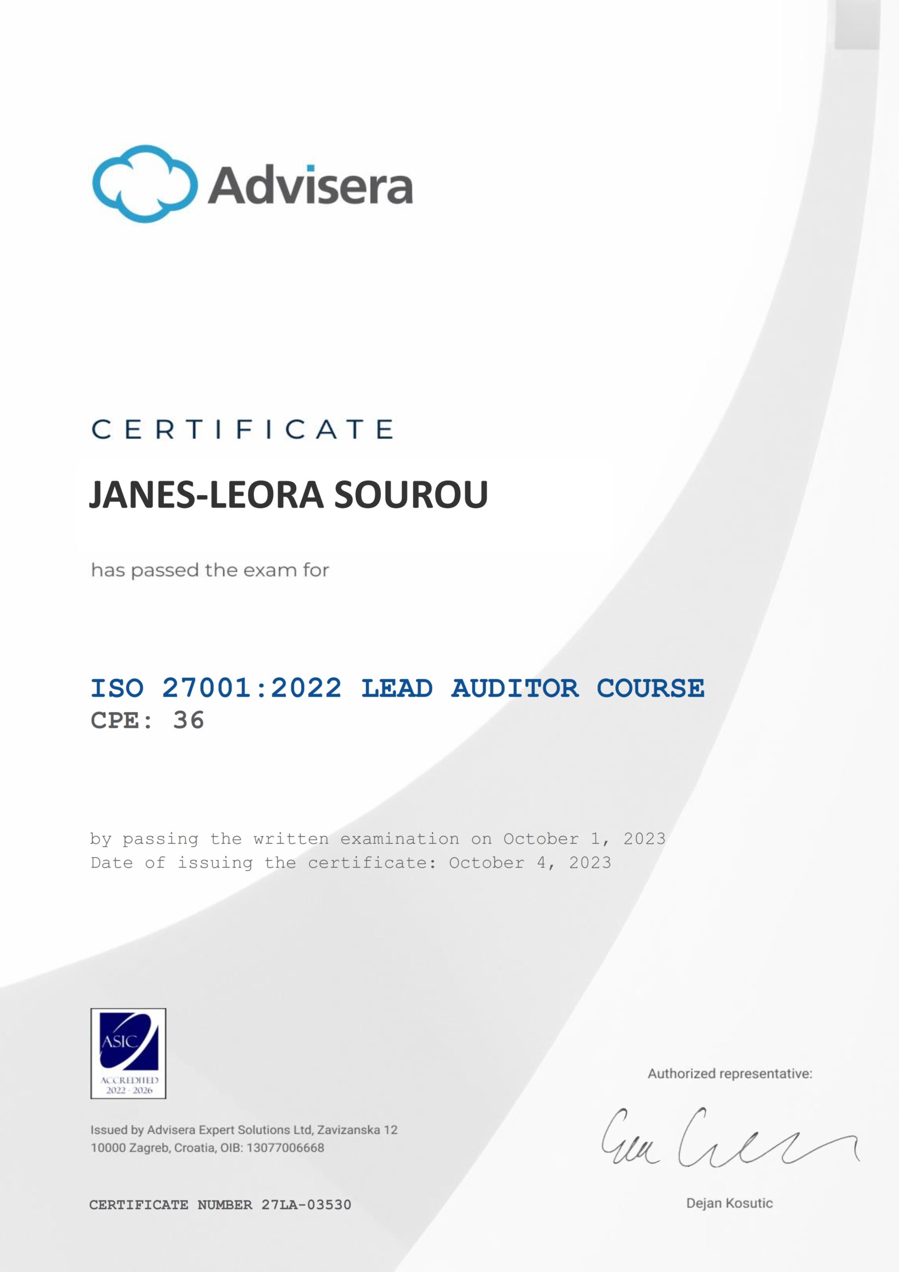 27LA-03530 Certificate ISO 27001 Lead Auditor JANES-LEORA SOUROU