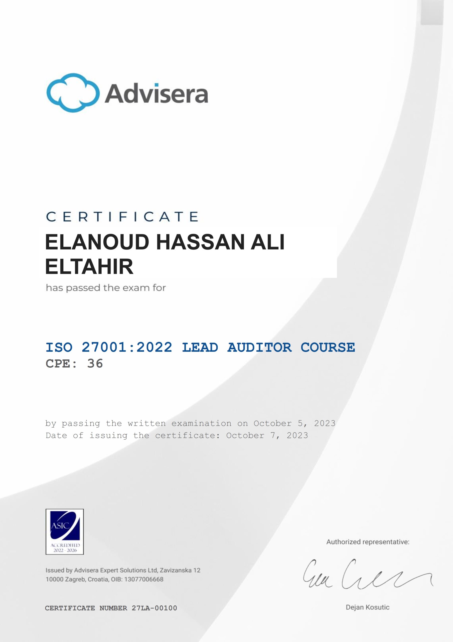 27LA-03542 Certificate ISO 27001 Lead Auditor ELANOUD HASSAN ALI ELTAHIR