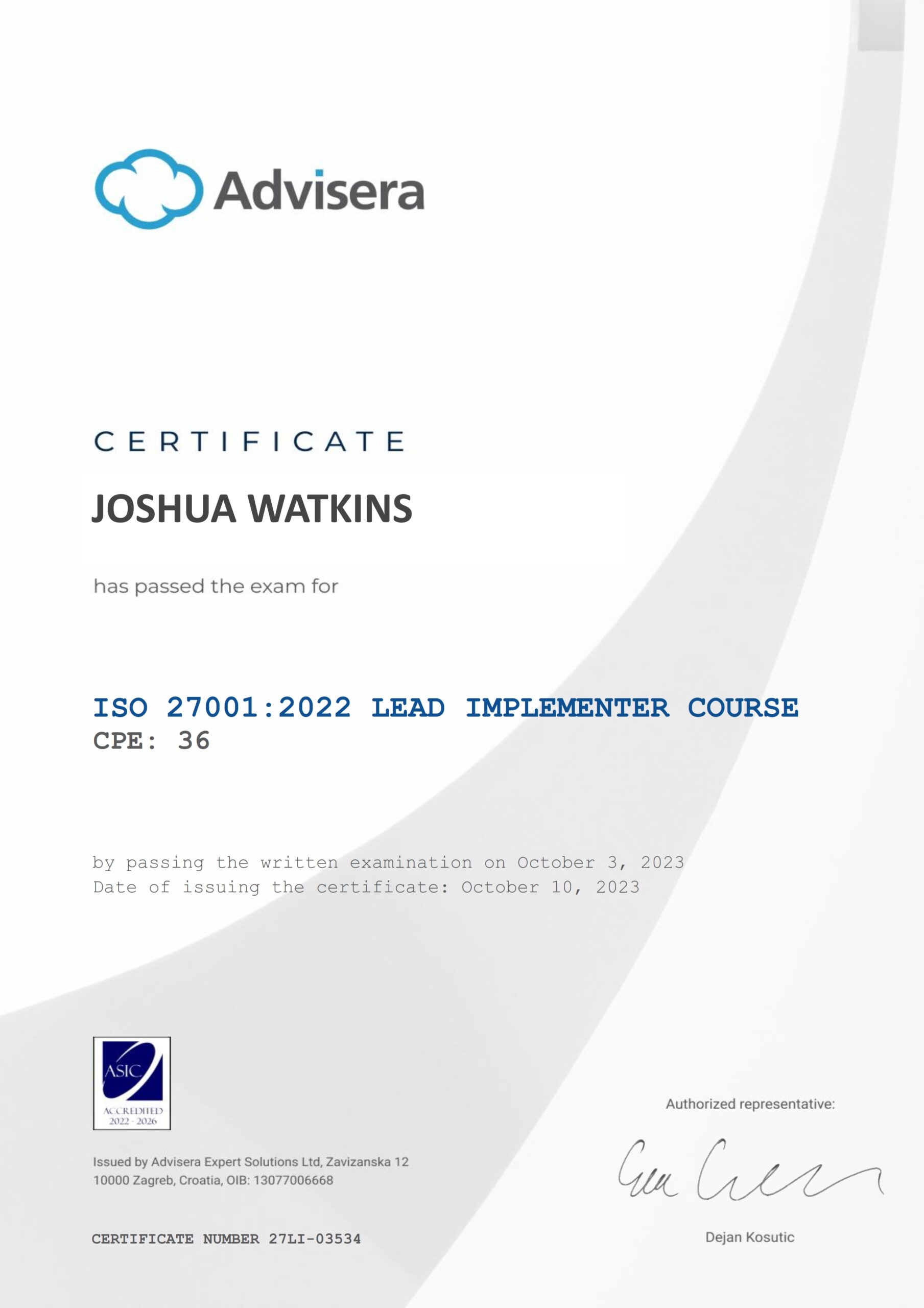 27LI-03534 Certificate ISO 27001 Lead Implementer JOSHUA WATKINS