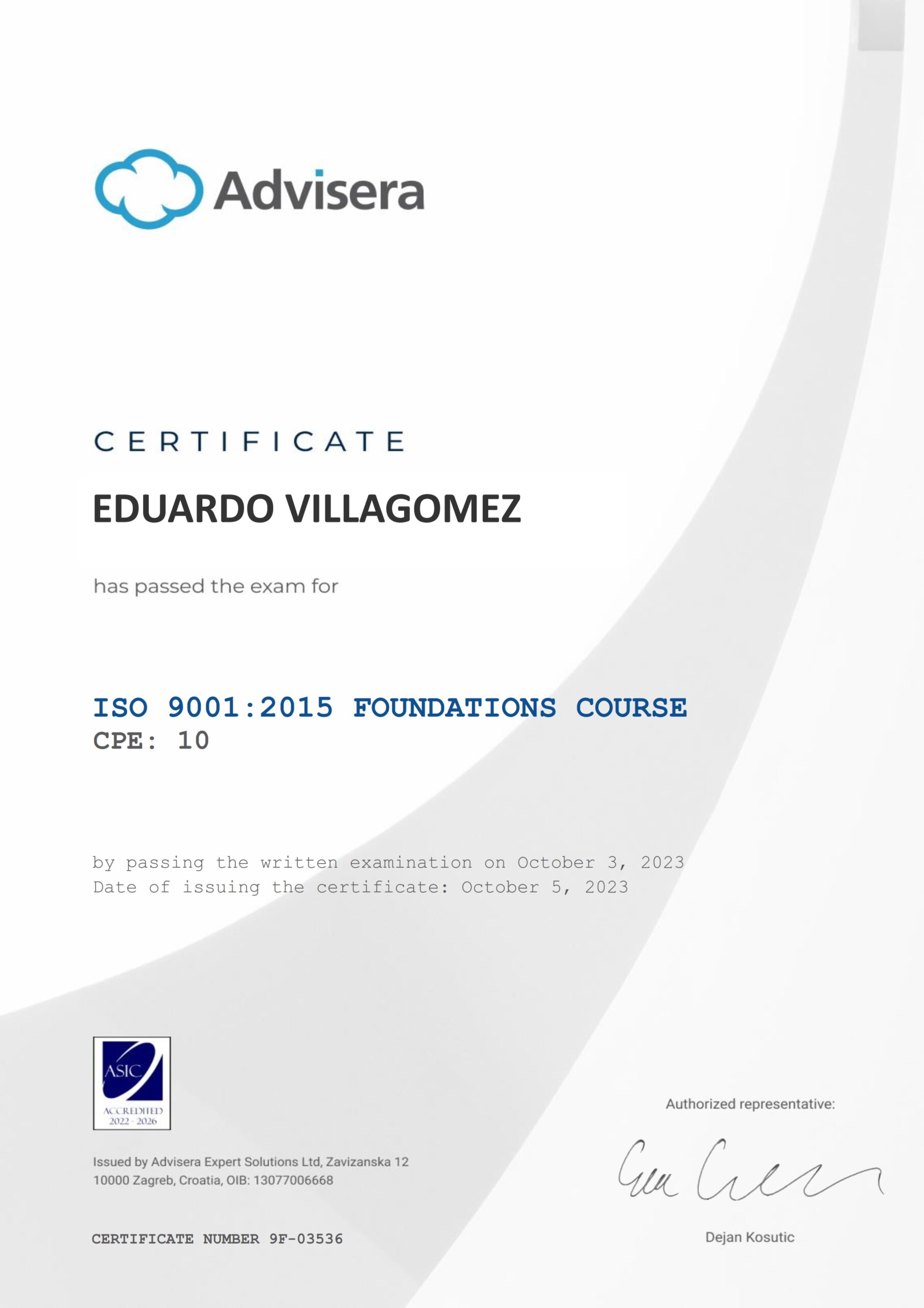 9F-03536 Certificate ISO 9001 Foundations EDUARDO VILLAGOMEZ