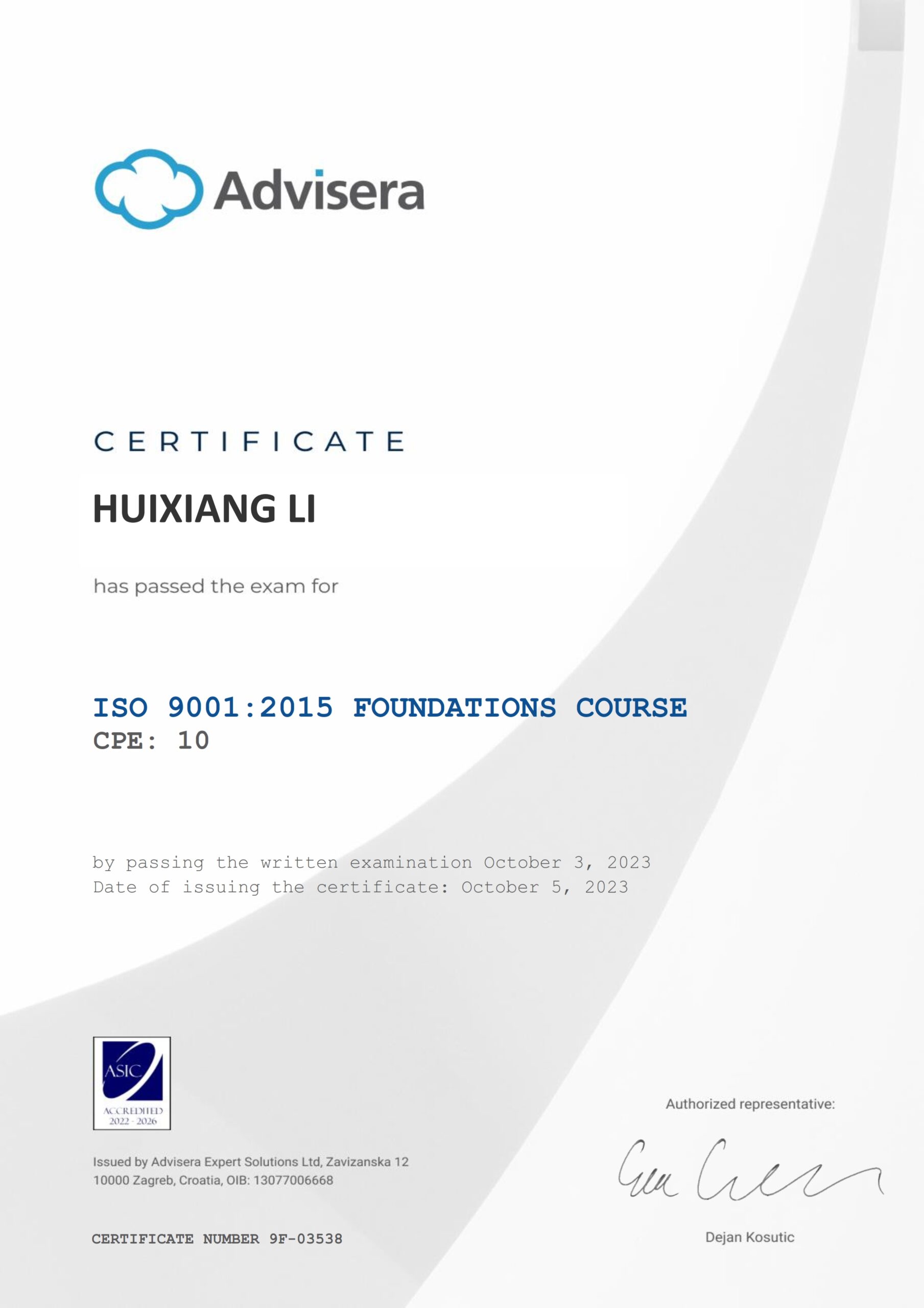 9F-03538 Certificate ISO 9001 Foundations HUIXIANG LI
