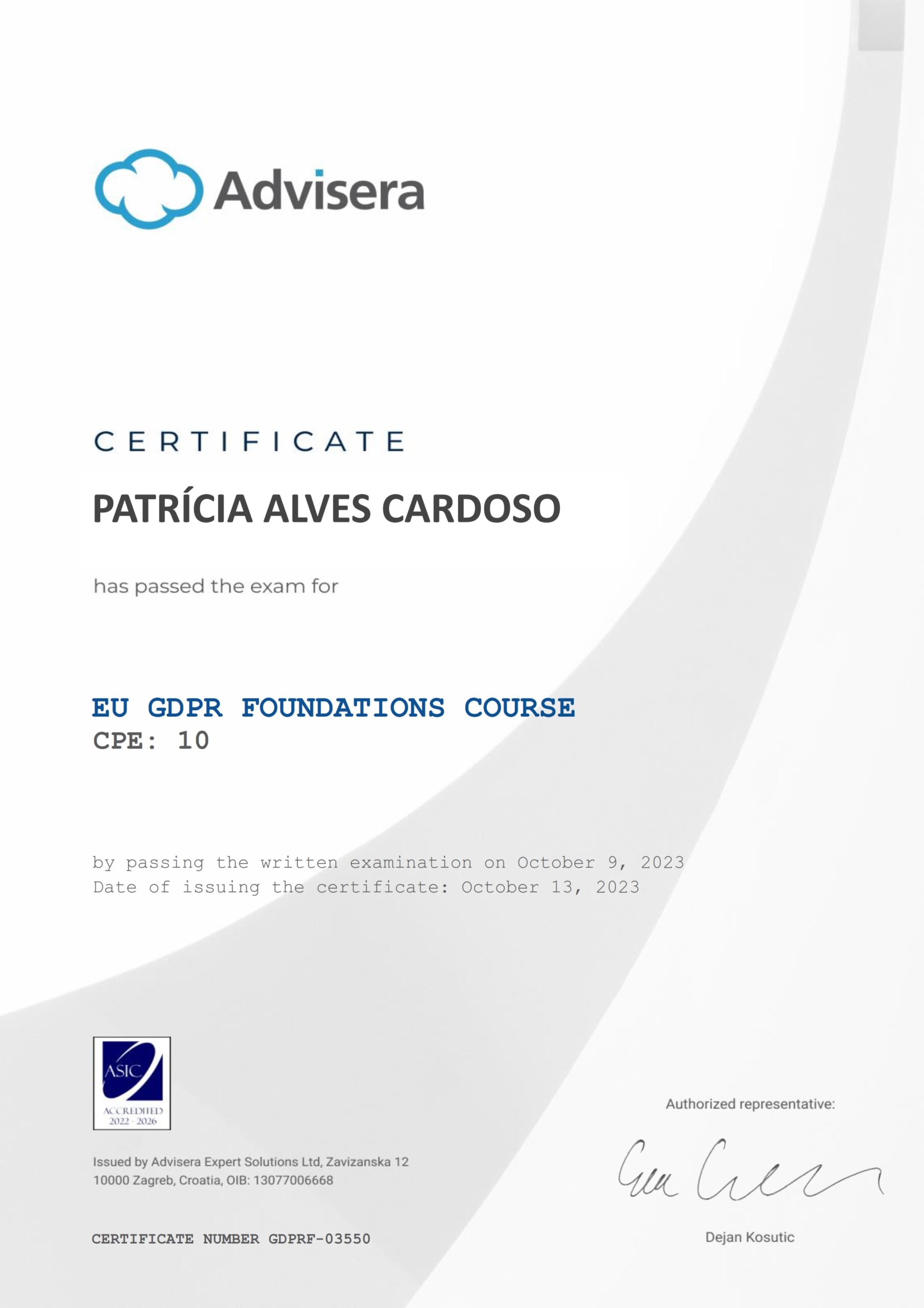 GDPRF-03550 Certificate EU GDPR Foundations course PATRÍCIA ALVES CARDOSO