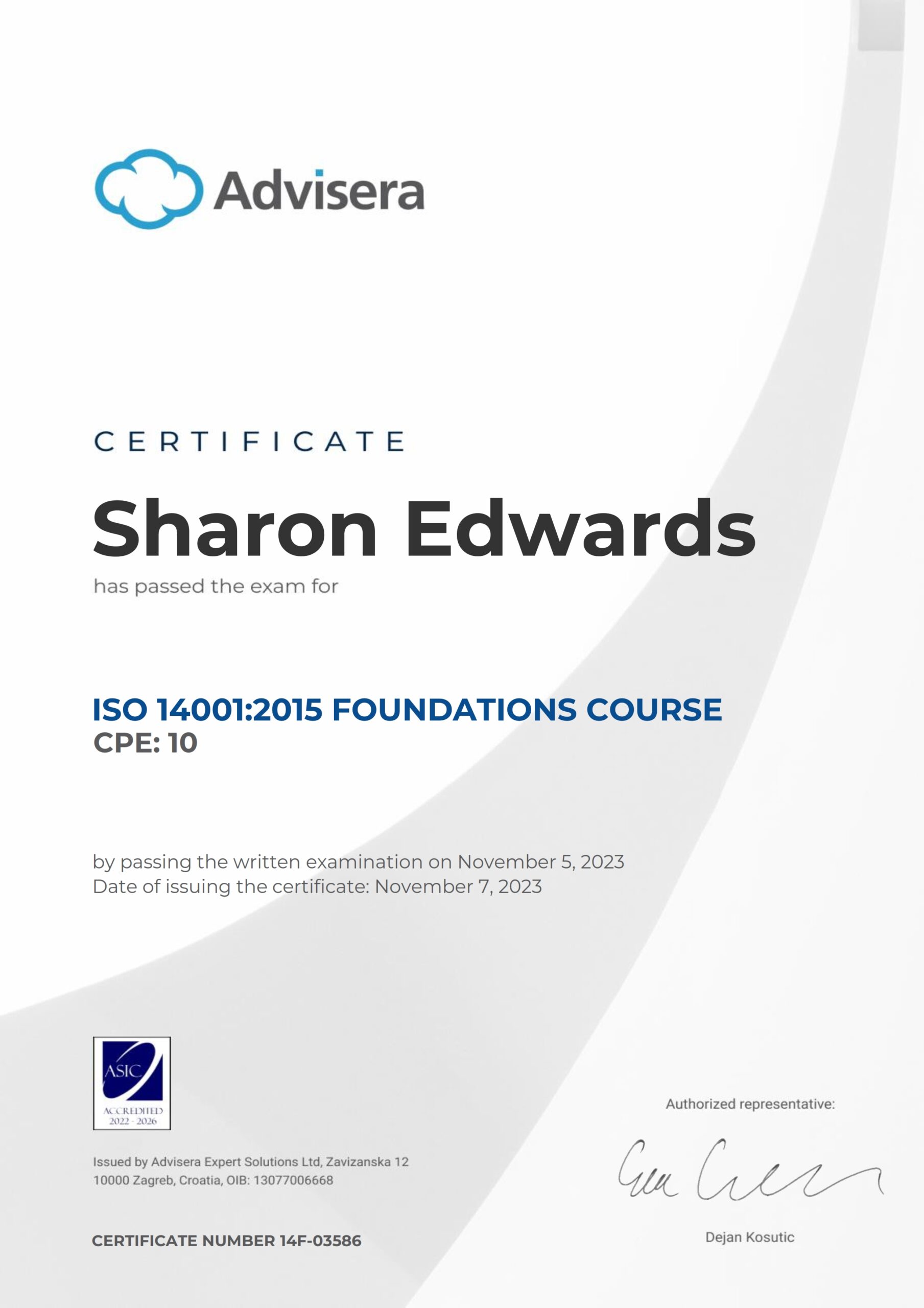 14F-03586 Certificate ISO 14001 Foundations Sharon Edwards